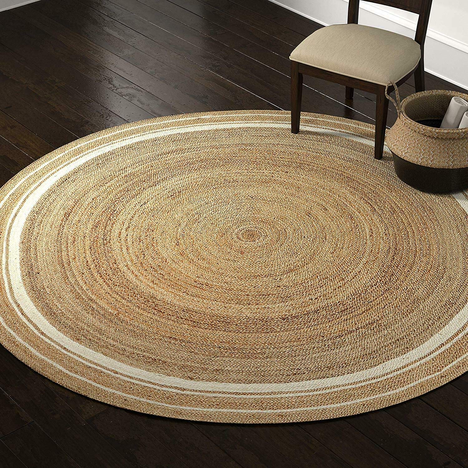 Vipanth Natural Jute Round Area Rug - 7ft Hand Braided Beige with White Line - Eco-Friendly Home Decor for Living Room, Bedroom & Boho Style Spaces