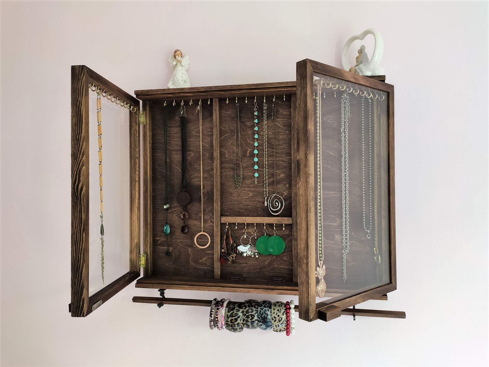 Large Solid Wood Jewelry Cabinet with Glass Door - Wall Mounted Earring Organizer & Necklace Display - Perfect for Bracelets, Rings & Jewelry Storage - Elegant Chocolate Finish - Ideal for Bedroom, Closet or Dressing Room Organization