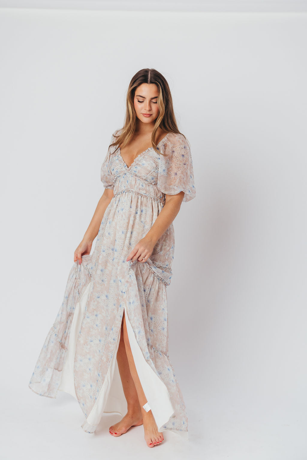 Bump Friendly & Inclusive Sizing Floral Maxi Dress for Women - Beige Blue Daphne Style (S-3XL) | Perfect for Maternity, Beach Vacations & Summer Weddings