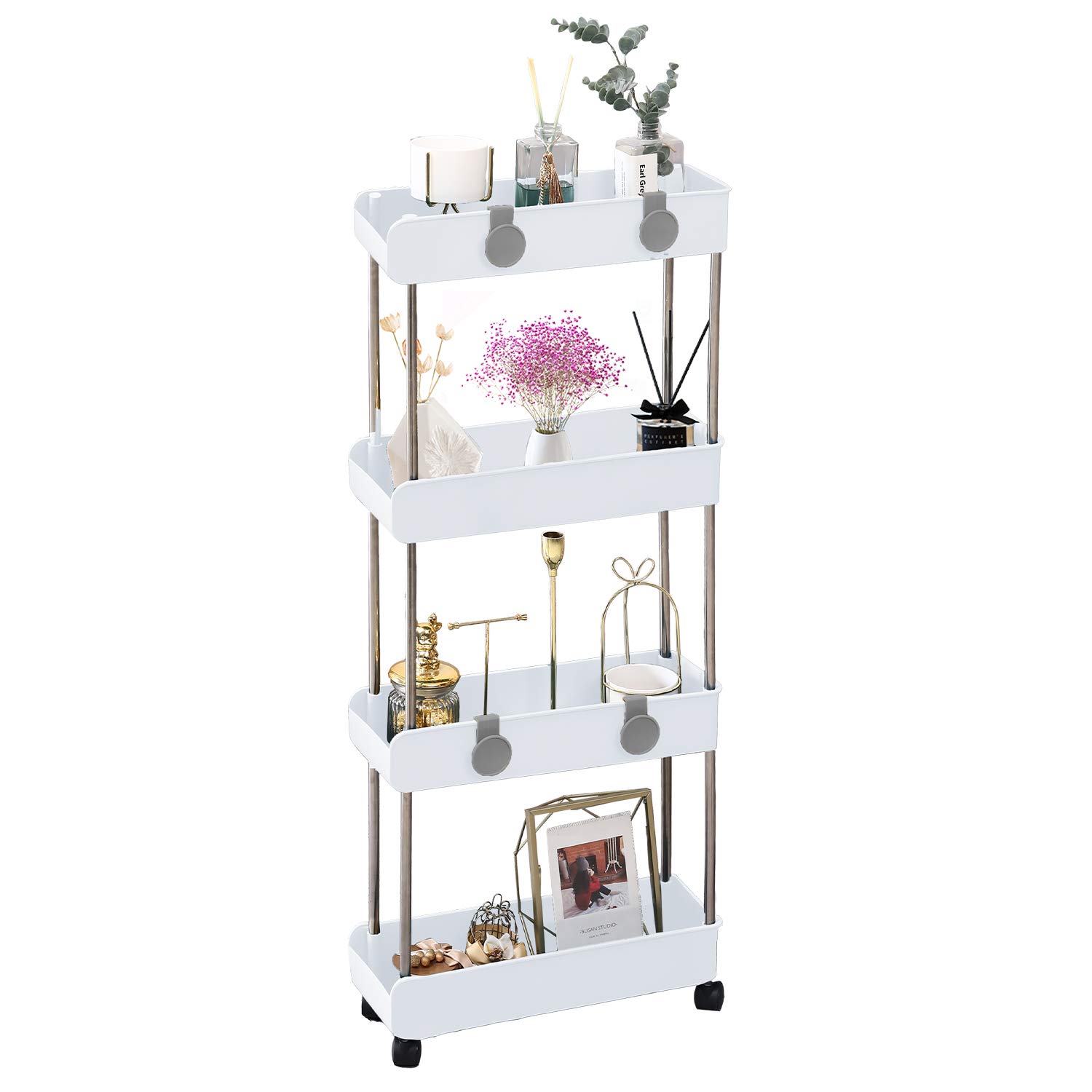 4-Tier Slim Rolling Storage Cart with Wheels - Mobile Shelving Unit for Bathroom, Kitchen, Laundry Room - Space-Saving Organizer for Small Spaces - White | Perfect for Narrow Areas & Closet Organization