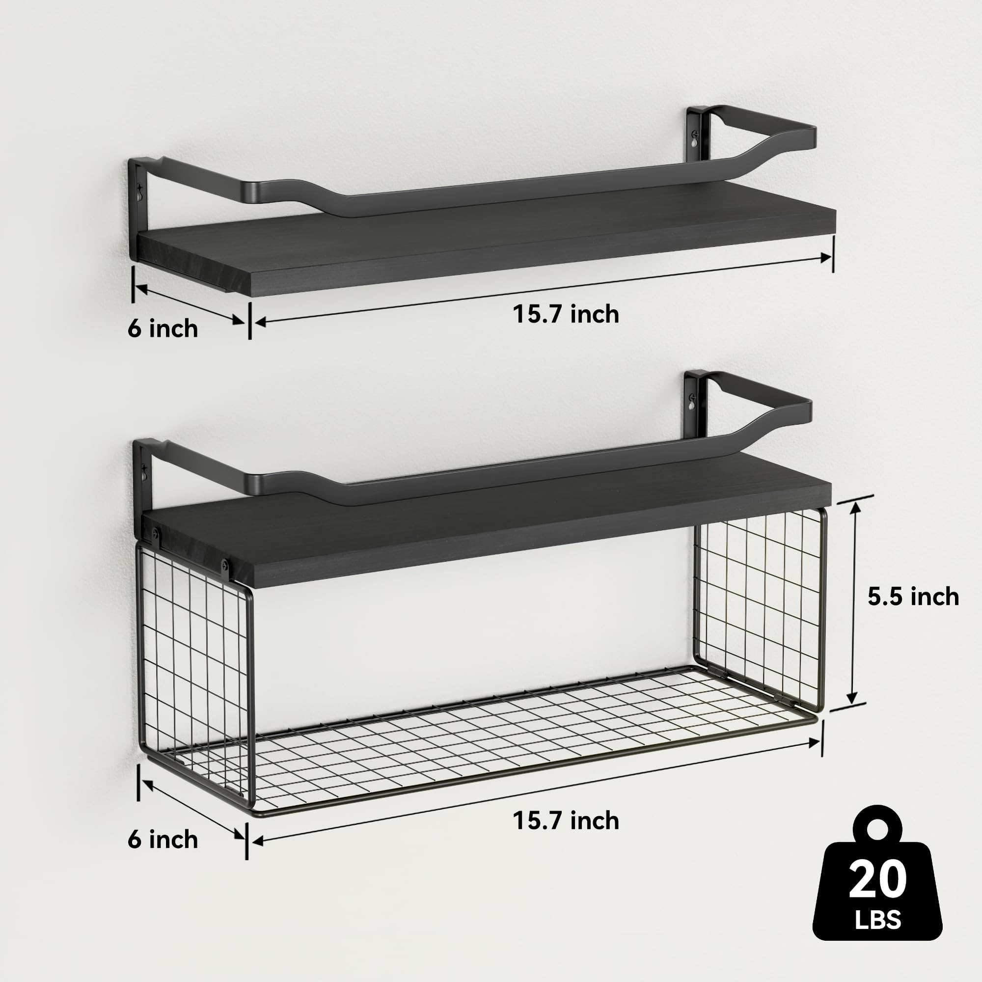 WOPITUES Floating Shelves with Wire Storage Basket - Over Toilet Bathroom Shelves with Metal Guardrail - Wood Wall Shelves for Bathroom, Bedroom & Living Room - Toilet Paper Holder - Black (Perfect for Small Space Organization & Stylish Home Decor)
