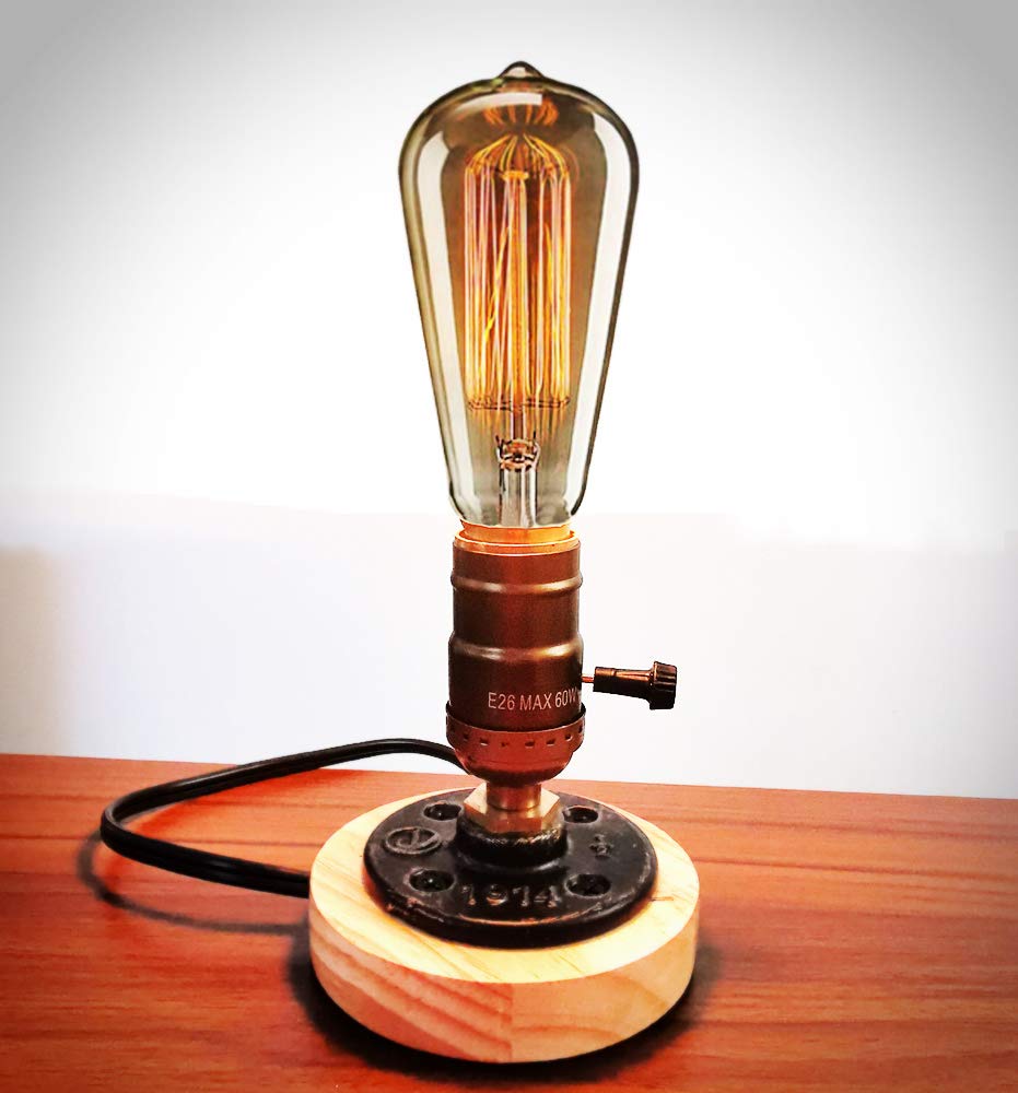 Vintage Industrial Table Lamp with Wood Base & Edison E26 Bulb - Antique Retro Steampunk Desk Lamp with On/Off Switch - Perfect for Loft, Bedroom, Café, Bar, Pub Lighting - Includes LED Bulb & Metal Cage - Unique Home Decor Gift Idea