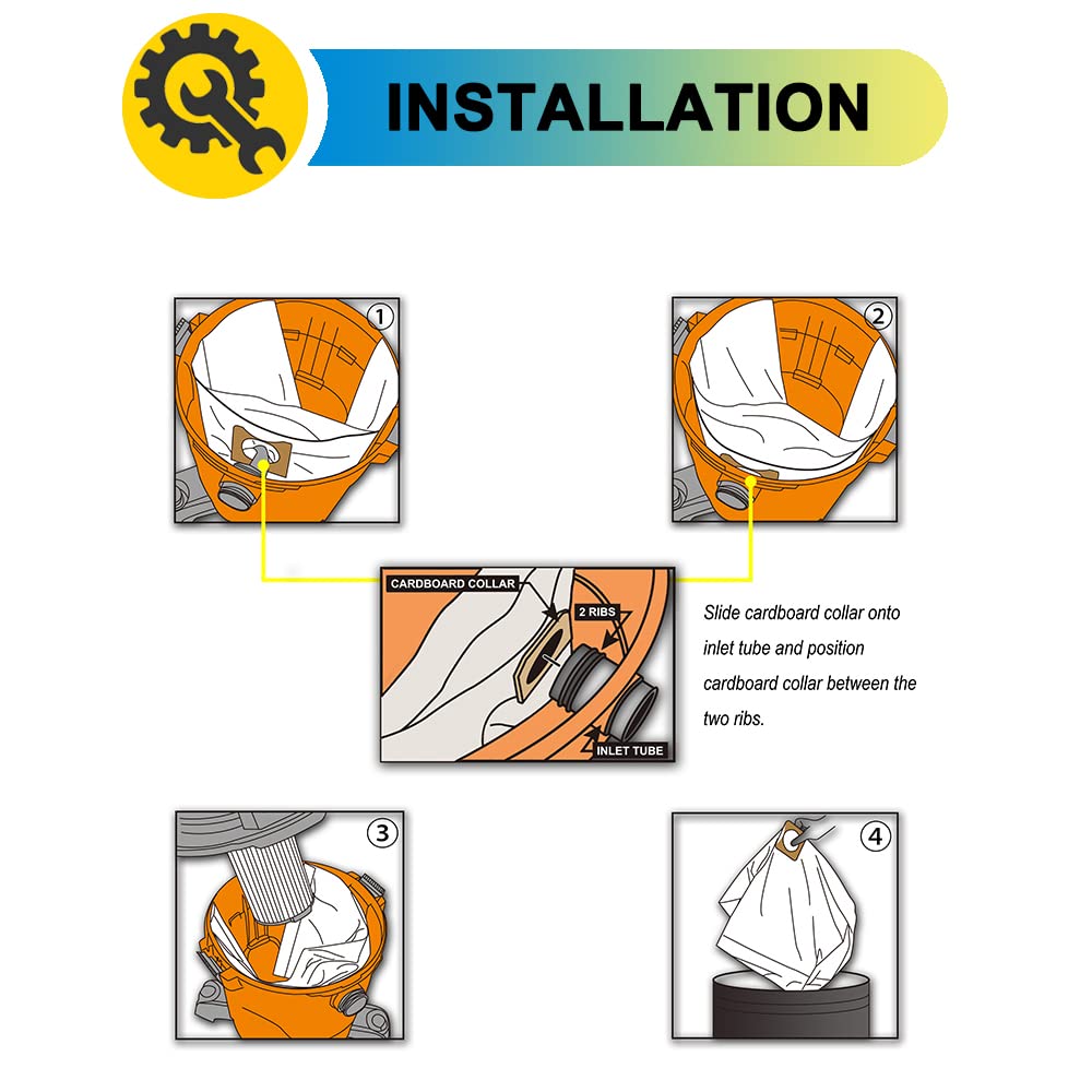 VF3502 Shop Vac Bags - 10 Pack, Compatible with RIDGID 12/14/16 Gallon Vacuums (Model 23743), Size A Replacement Vacuum Bags - Ideal for Dust Collection in Workshops, Construction Sites & Home Cleaning