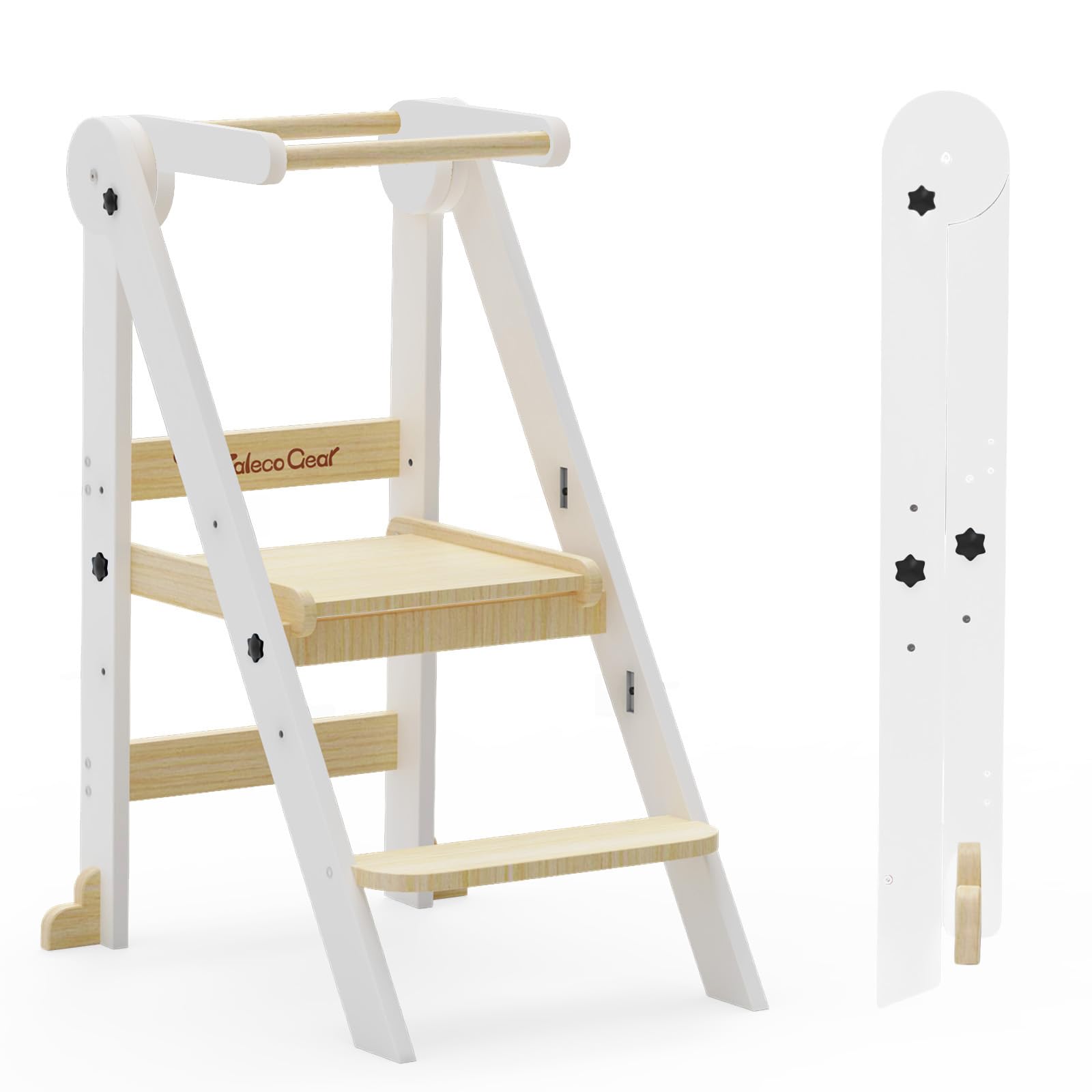 Taleco Gear Foldable Toddler Kitchen Stool Helper - 3 Adjustable Height Wooden Learning Tower for Kids | Collapsible Step Stool for Bathroom & Kitchen Safety (Natural Wood) | Perfect Montessori Helper for Baking, Washing Hands & Countertop Access