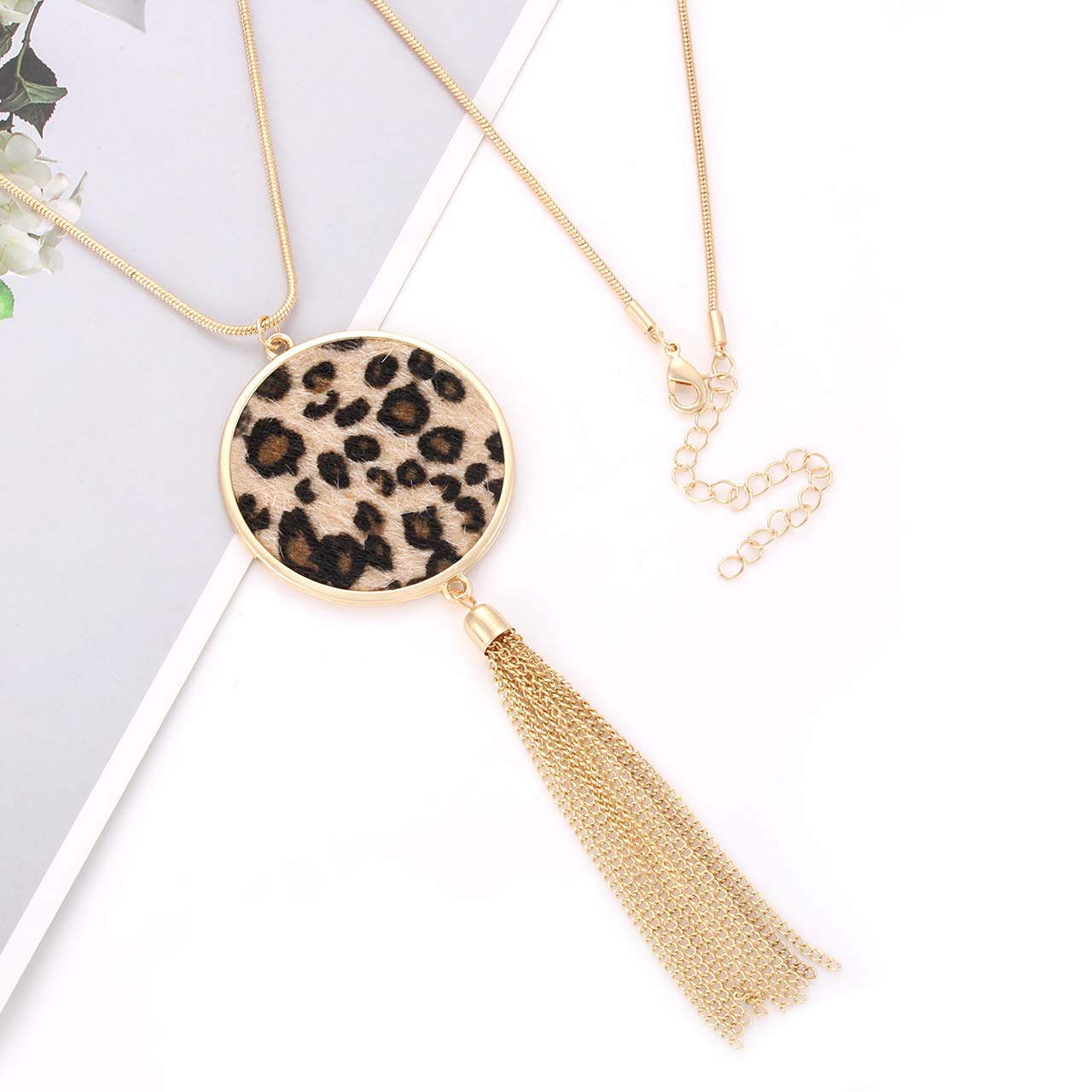 Women's Long Statement Necklace - Leopard & Snakeskin Print with Oval Leather Pendant | Fashion Jewelry for Casual Outfits, Date Nights & Office Wear
