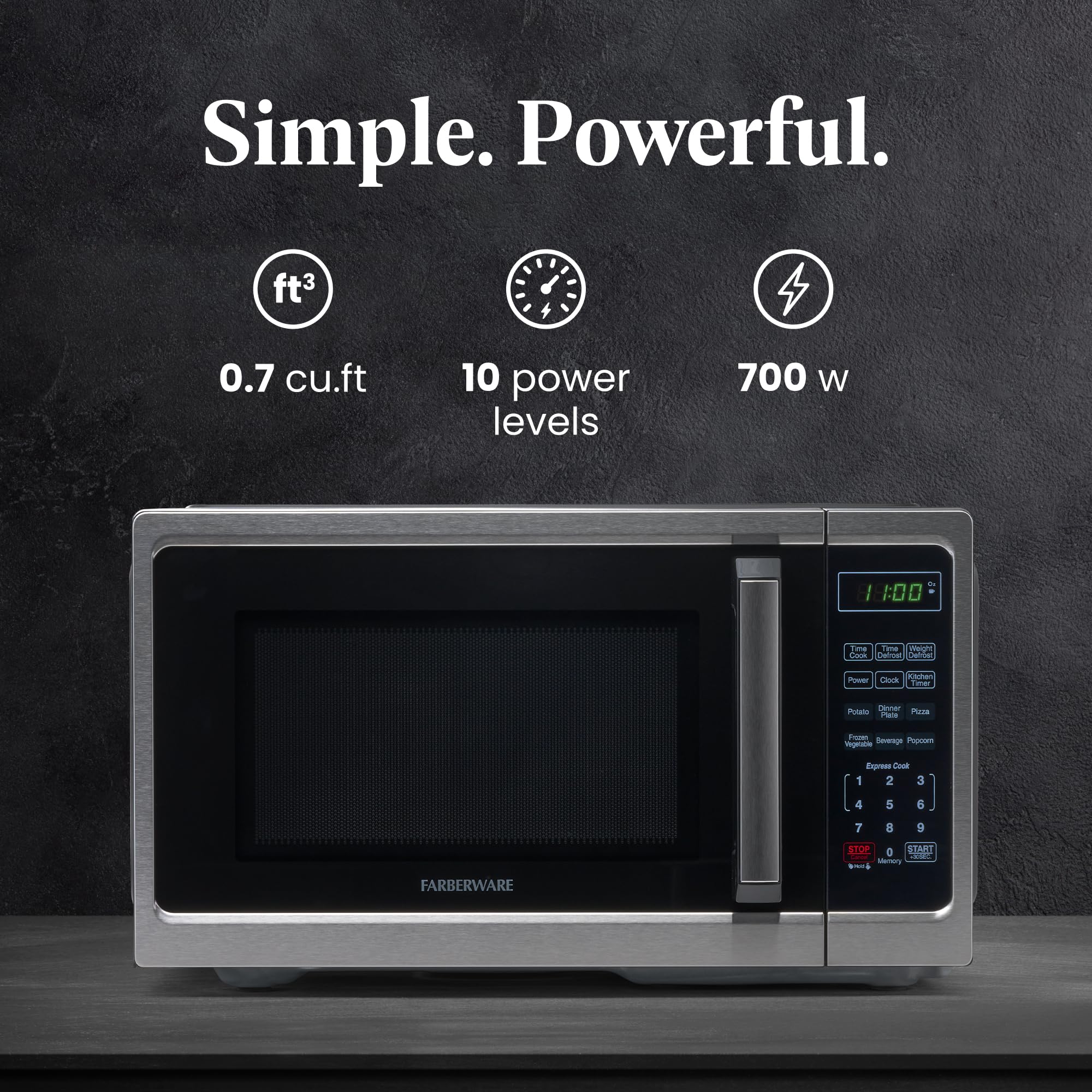 Farberware 0.9 Cu. Ft. 900W Countertop Microwave Oven with LED Lighting & Child Safety Lock - Stainless Steel Interior for Easy Cleaning - Compact Microwave Perfect for Small Kitchens, Apartments, Dorms & Office Break Rooms