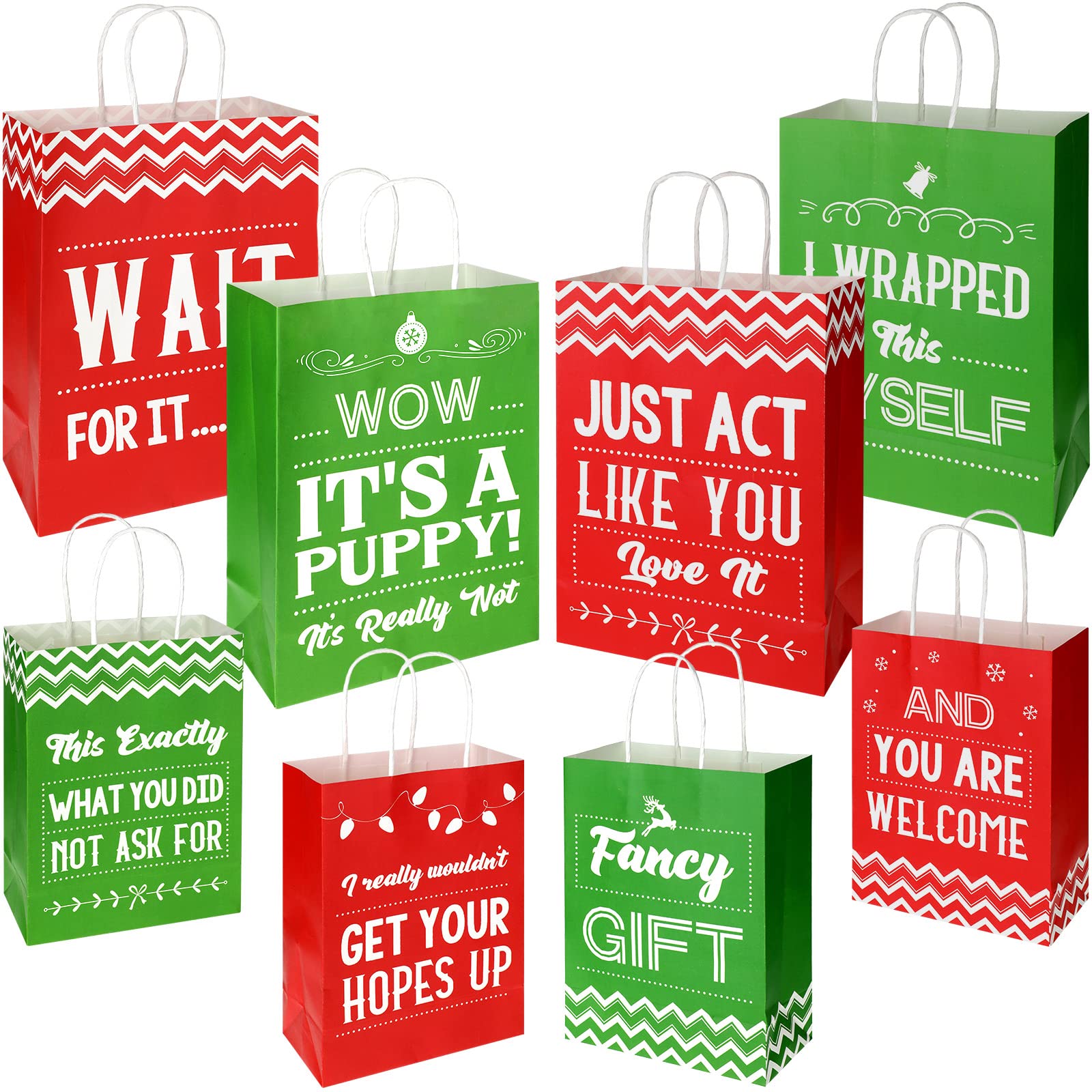 8 Pack Christmas Funny Gift Bags - Green & Red Snowflake Reindeer Design, Reusable Paper Holiday Present Pouches for Xmas, Weddings, Birthday Parties (Medium & Large Size) - Perfect for Holiday Treats, Party Favors & Festive Gift Giving