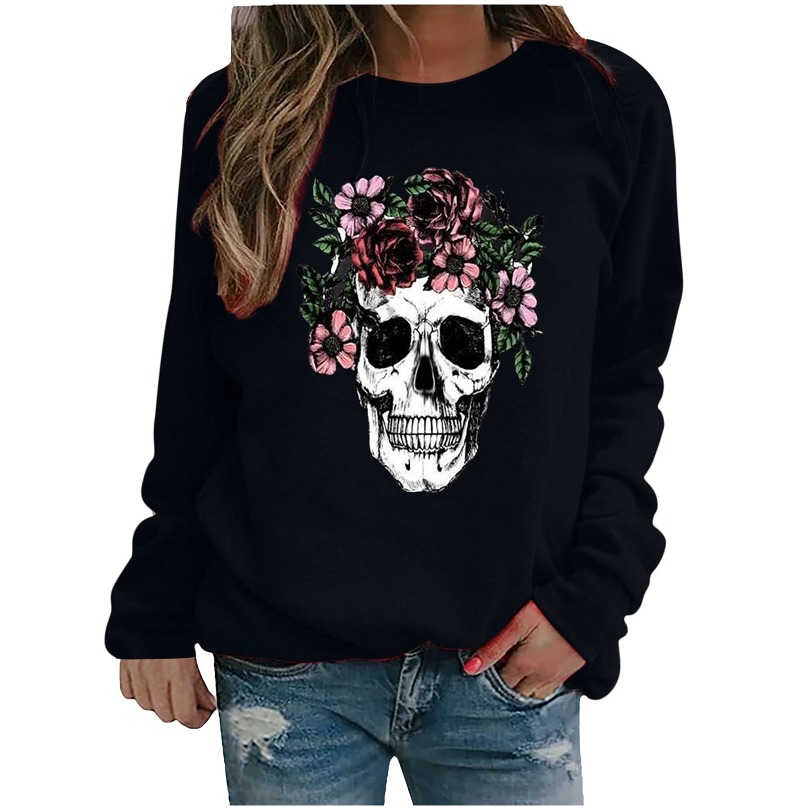 Pafei Tyugd Women's Rose Skull Halloween Sweatshirt - Fashion Casual Long Sleeve Pullover with Print - Perfect for Halloween Parties, Cosplay & Gothic Streetwear