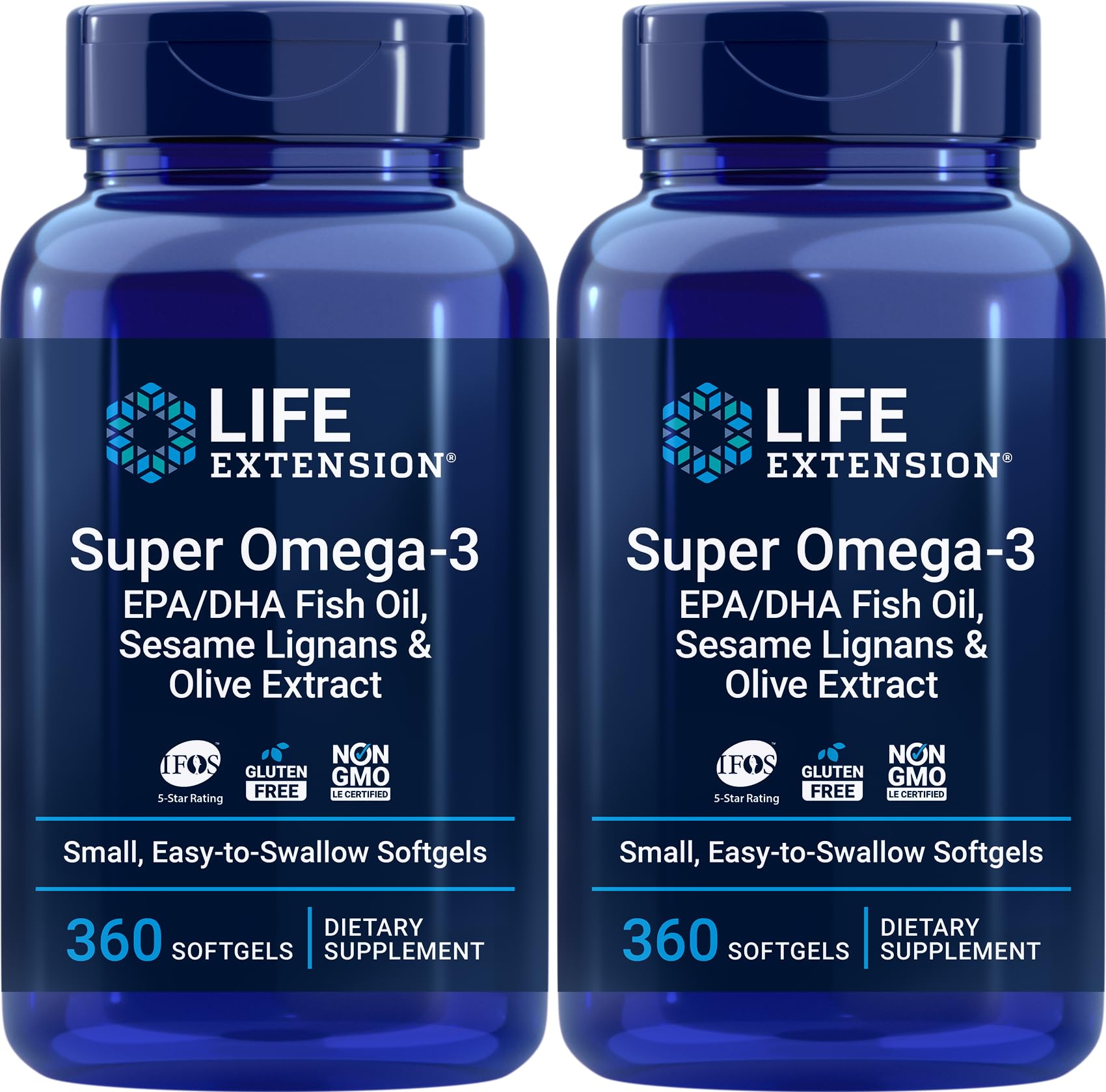 Life Extension Super Omega-3 360 Softgels (2-Pack) - Premium EPA/DHA Fish Oil with Sesame Lignans & Olive Extract - Easy to Swallow for Heart, Brain & Joint Health - Supports Cardiovascular Wellness & Cognitive Function