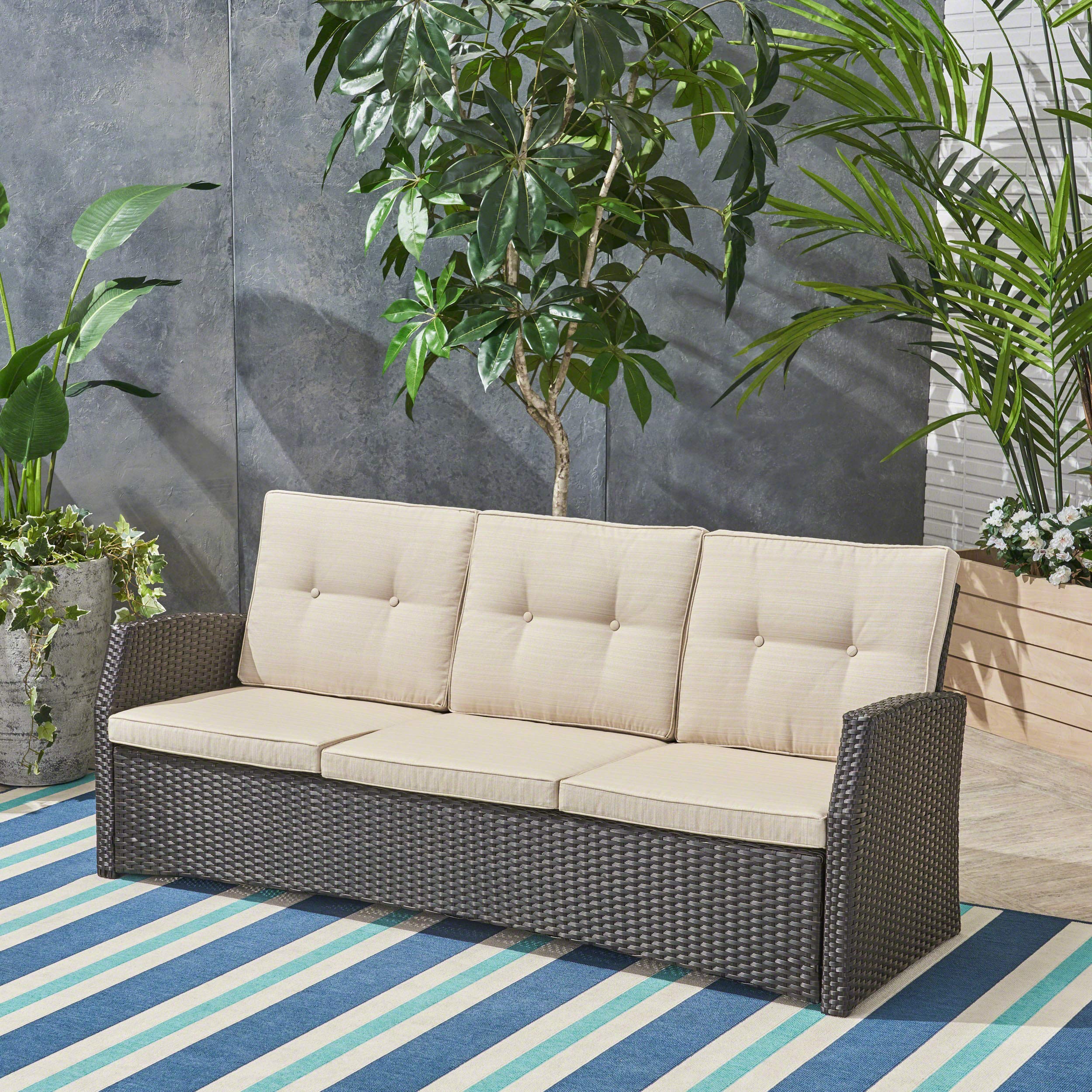Christopher Knight Home Amigo Outdoor 3-Seater Wicker Sofa Set - Dark Brown Rattan Patio Furniture with Beige Weather-Resistant Cushions | Perfect for Garden, Poolside & Backyard Relaxation