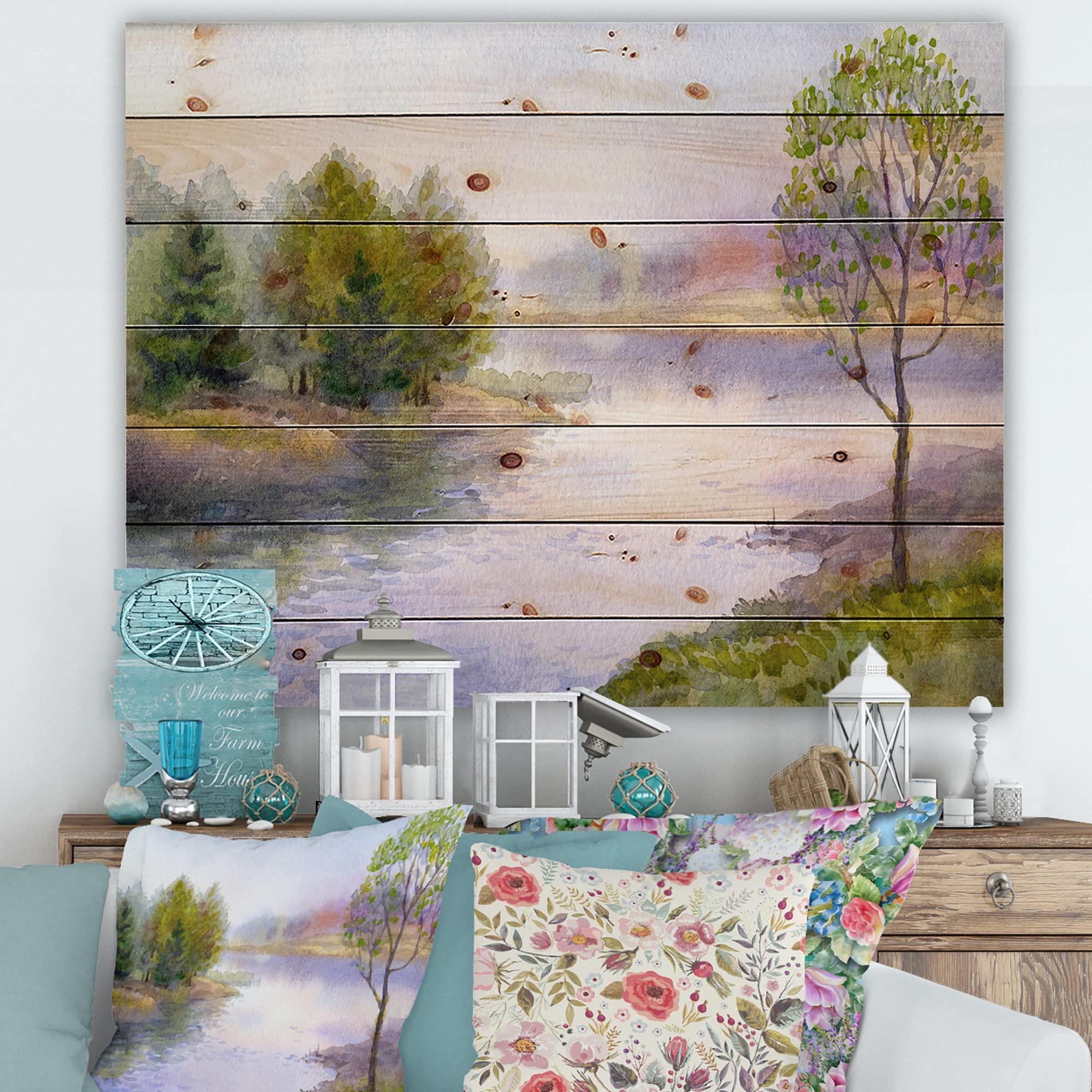 DesignQ Single Tree On The Bank Of River Lake House Wood Wall Decor - Green Wood Wall Art - Large Landscape Wood Panels Printed On Natural Pine - Perfect for Living Room, Bedroom & Office Decoration