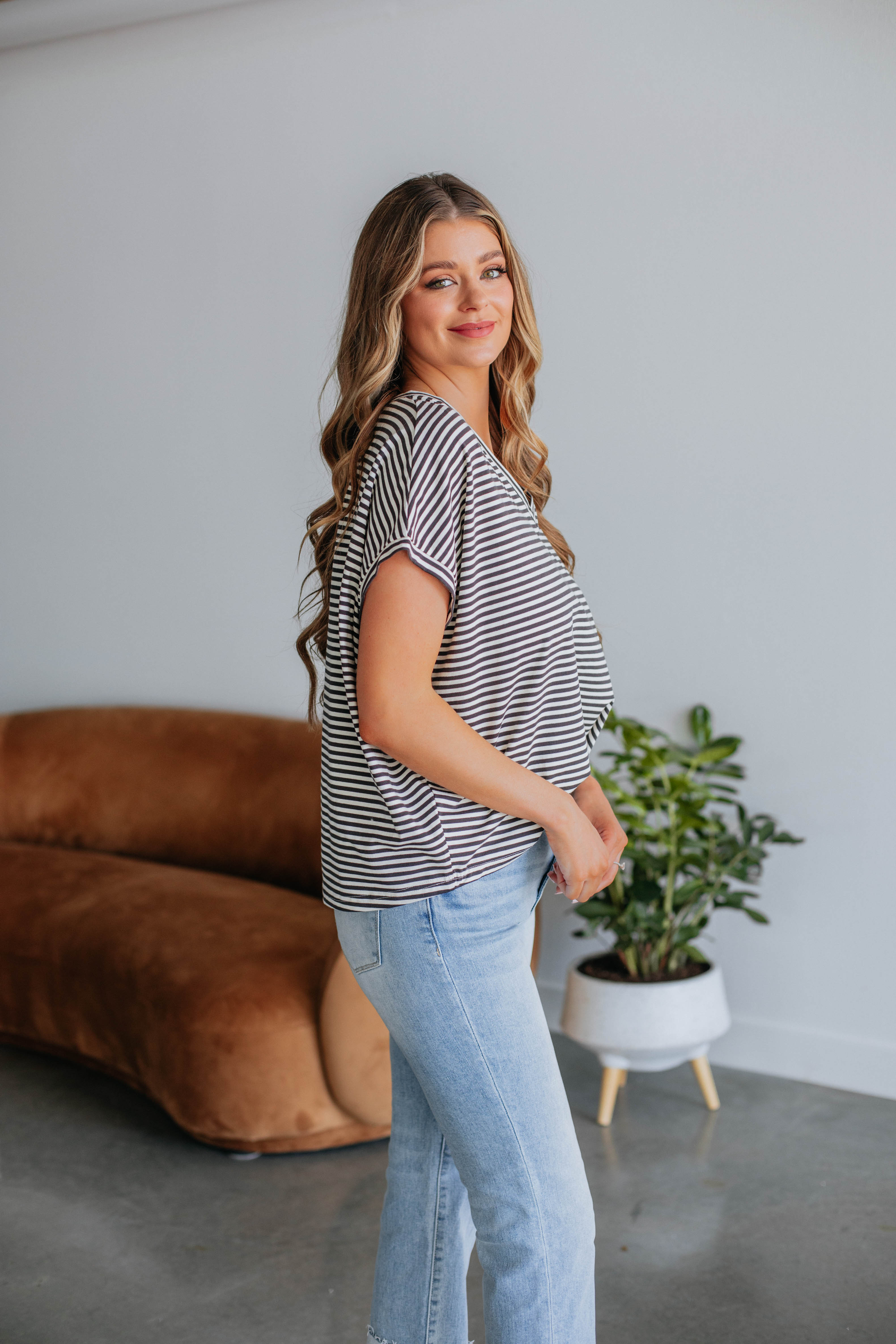 Calvin Striped Top for Women - Charcoal Gray Casual Long Sleeve Shirt | Perfect for Office, Date Night & Everyday Wear