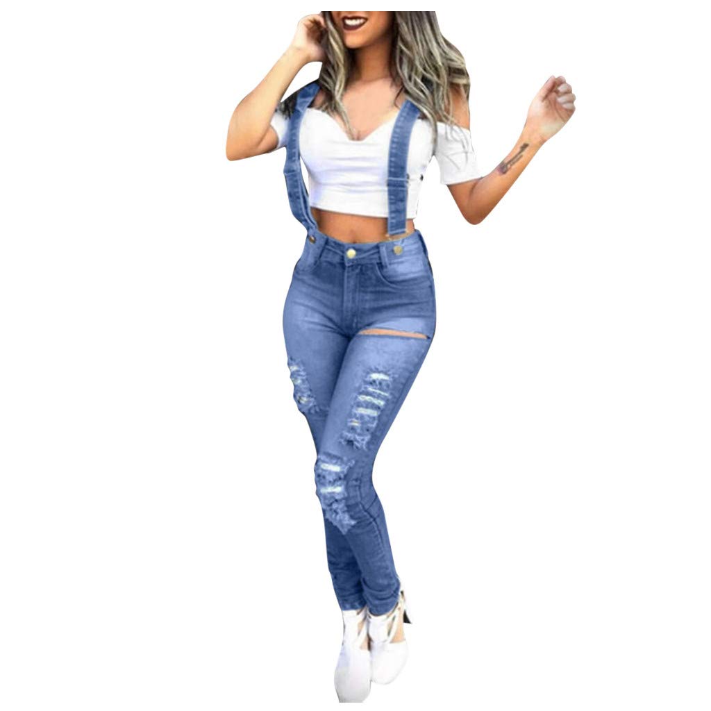 Stylish Women's High Waisted Skinny Jeans Overalls - Stretchy Slim Fit Distressed Denim Jumpsuit for Casual Wear & Street Fashion