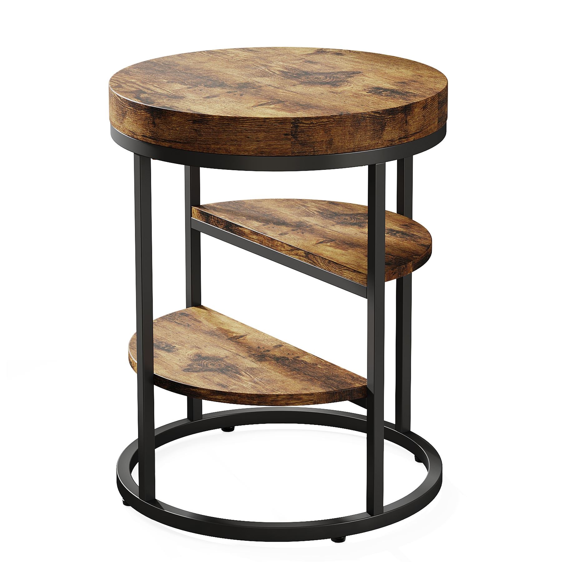 Round End Table with 3-Tier Shelves - Small Side Table & Nightstand for Living Room, Bedroom, or Office - Modern Accent Table with Storage Space