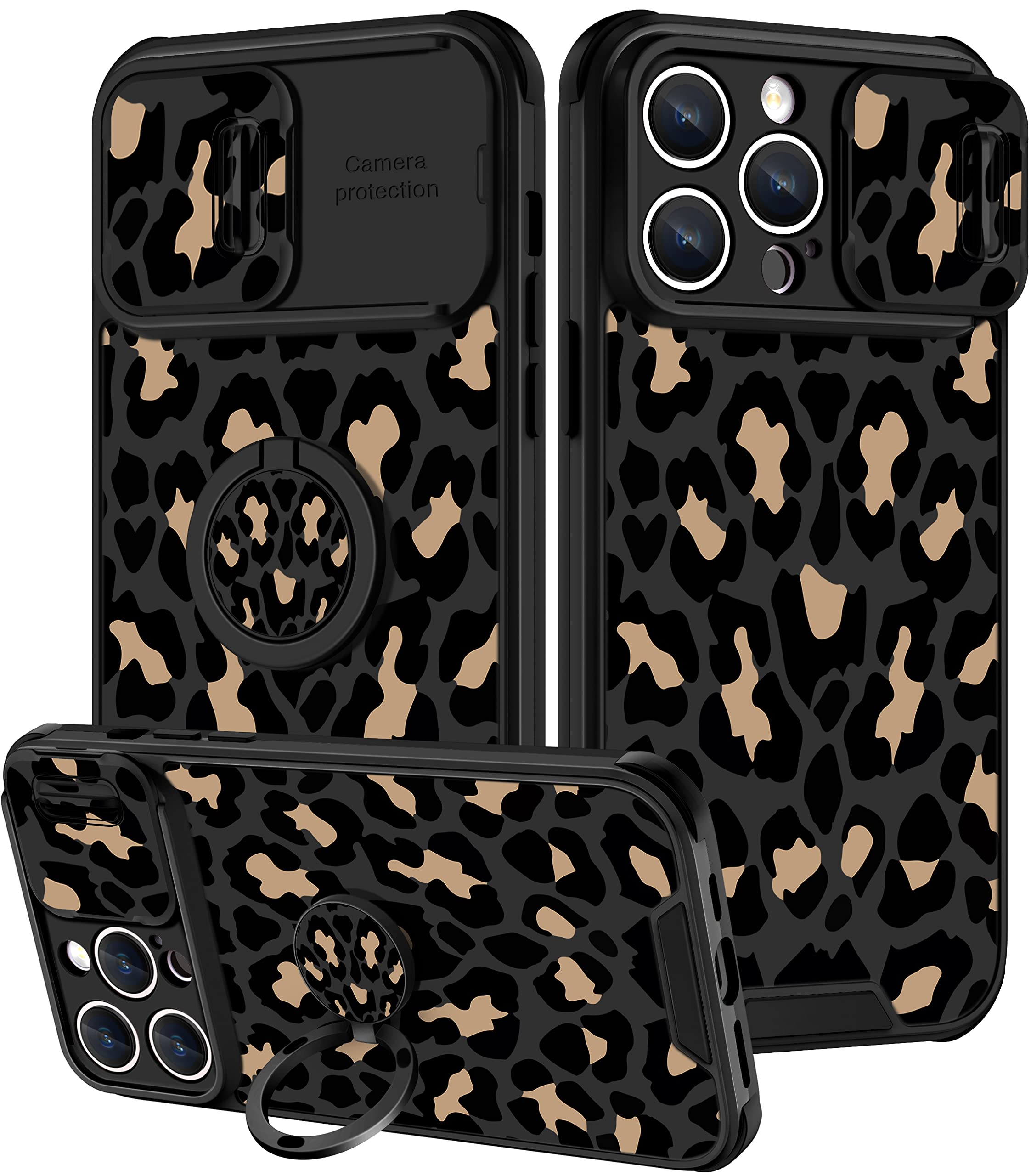 Goocrux 2in1 iPhone 14 Pro Max Case for Women - Leopard Print Phone Cover with Slide Camera Cover & Ring Holder | Cute Cheetah Animal Design Girly Case for iPhone 14 ProMax 6.7