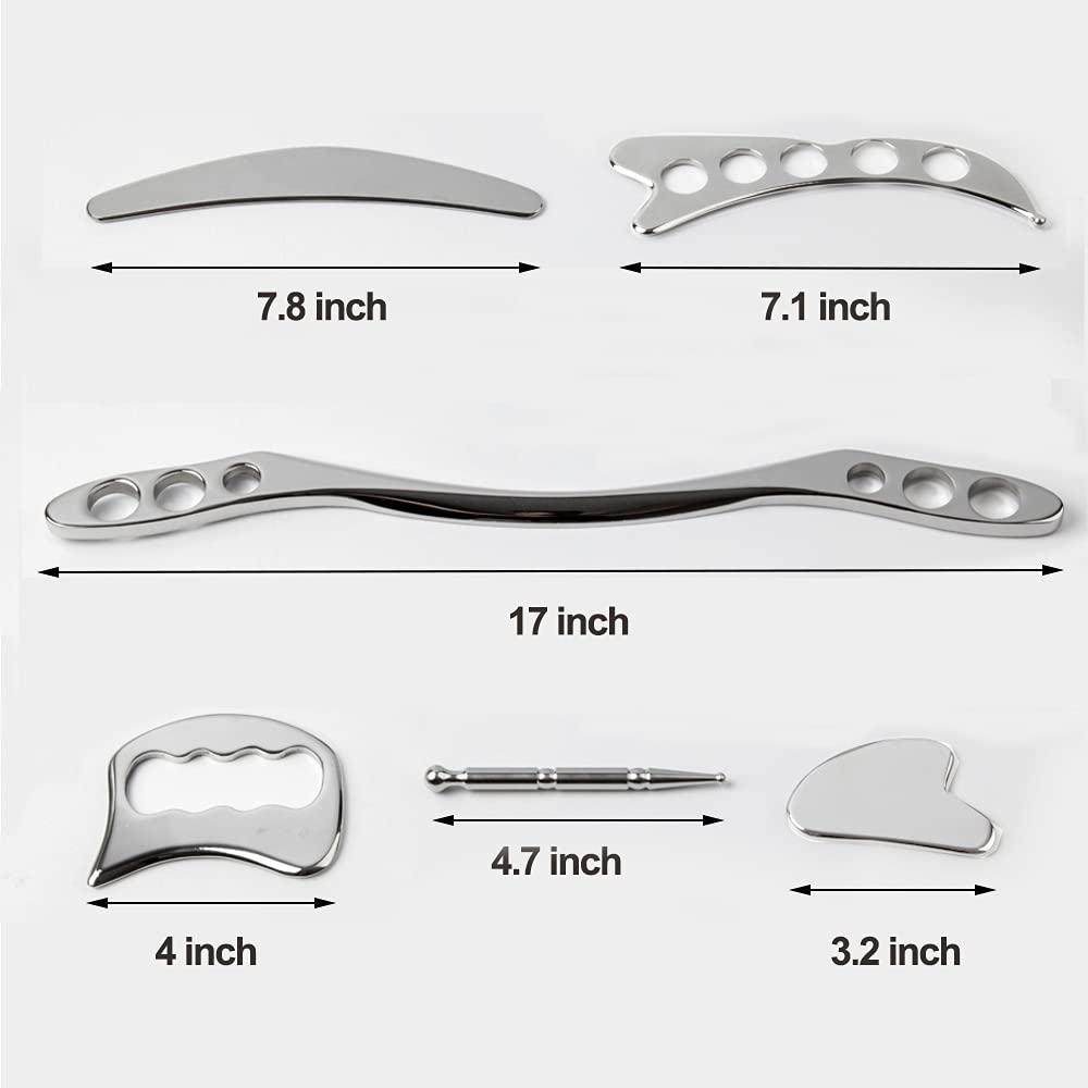 FeelFree Sport 6-Piece Stainless Steel Gua Sha Tool Set - Facial & Muscle Scraper, Acupressure Massage Pen for Pain Relief & Soft Tissue Mobilization - Perfect for Home Spa, Physical Therapy & Self-Care Routine