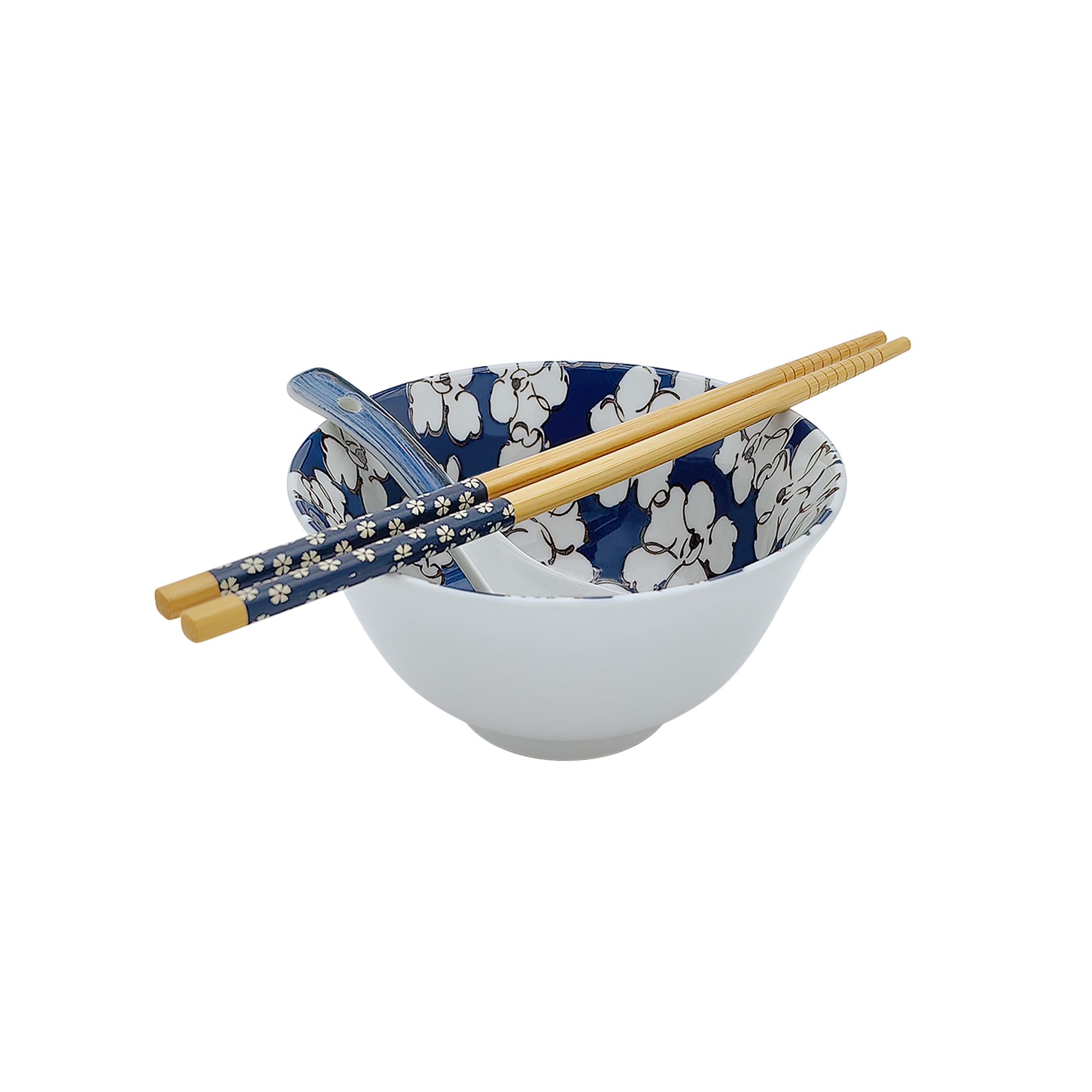 5 Inch Ceramic Rice Bowl Set with Chopsticks & Spoon - 14 Oz Asian Noodle Bowl, Microwave & Dishwasher Safe, Sakura Floral Design - Perfect for Ramen, Pho, Sushi & Home Dining