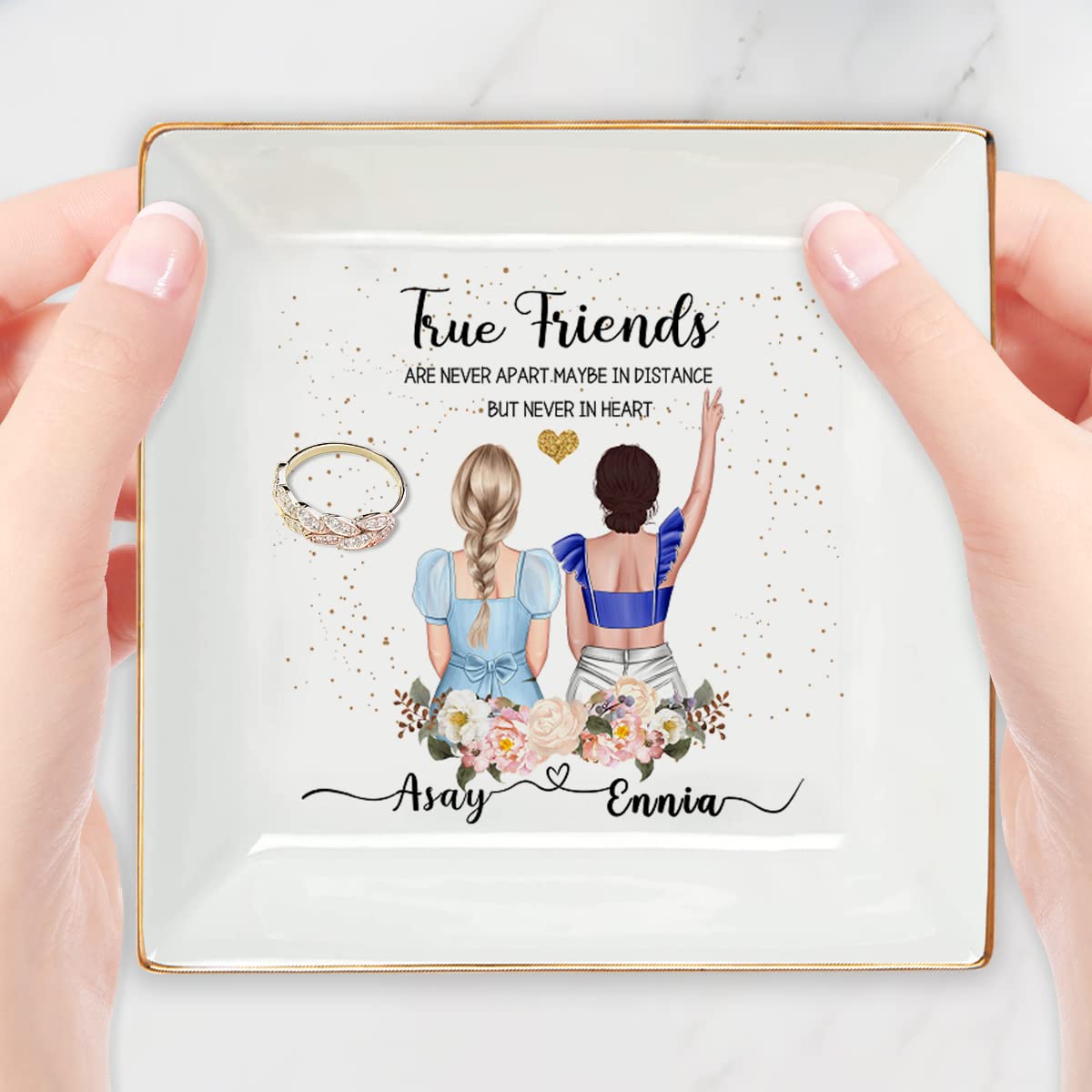 Personalized Jewelry Dish for Best Friends - Custom Name & Character Keepsake Gift for Women, BFF, Soul Sister - Birthday, Long Distance Friendship Gift Idea - Perfect for Dresser, Vanity & Home Decor