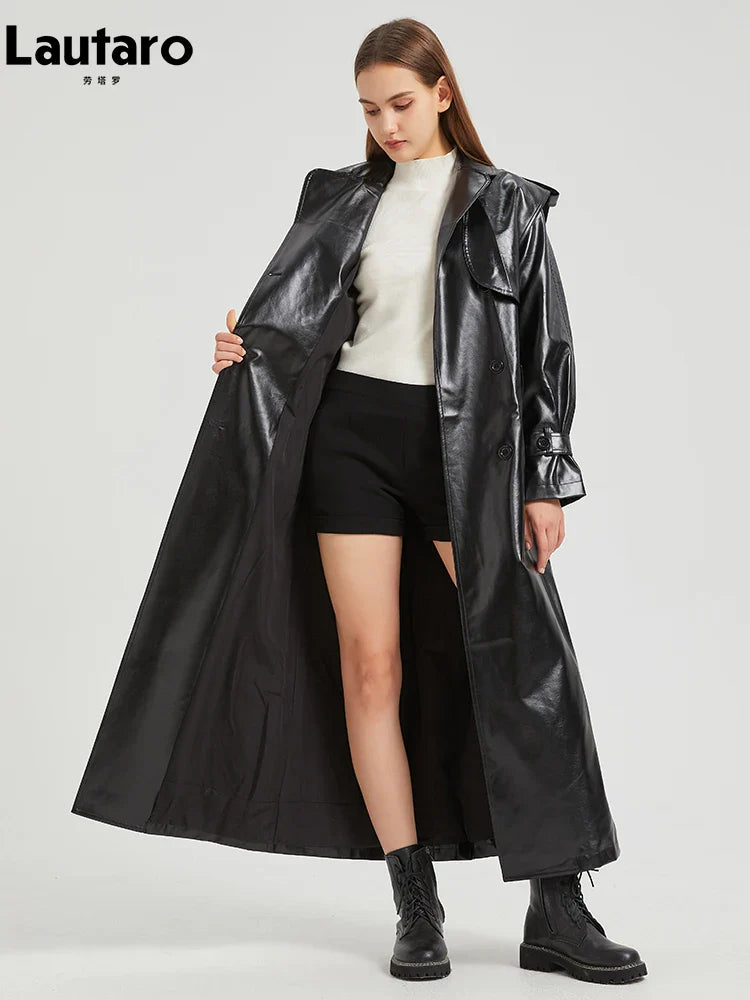 2024 Women's Extra Long Gold Shiny Patent PU Leather Trench Coat - Single Breasted Luxury Designer Overcoat for Fall & Winter | Perfect for Office Wear, Evening Events & Fashion Outings