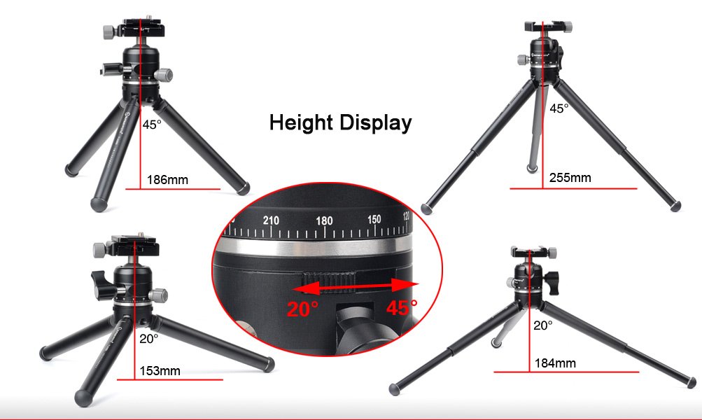 SUNWAYFOTO T1A20D-T Compact Aluminum Tabletop Tripod with XB-28 Low Profile Ball Head - 2-Section Adjustable Mini Tripod for DSLR Camera, Smartphone, Webcam - Perfect for Travel, Vlogging, Home Office & Desktop Photography