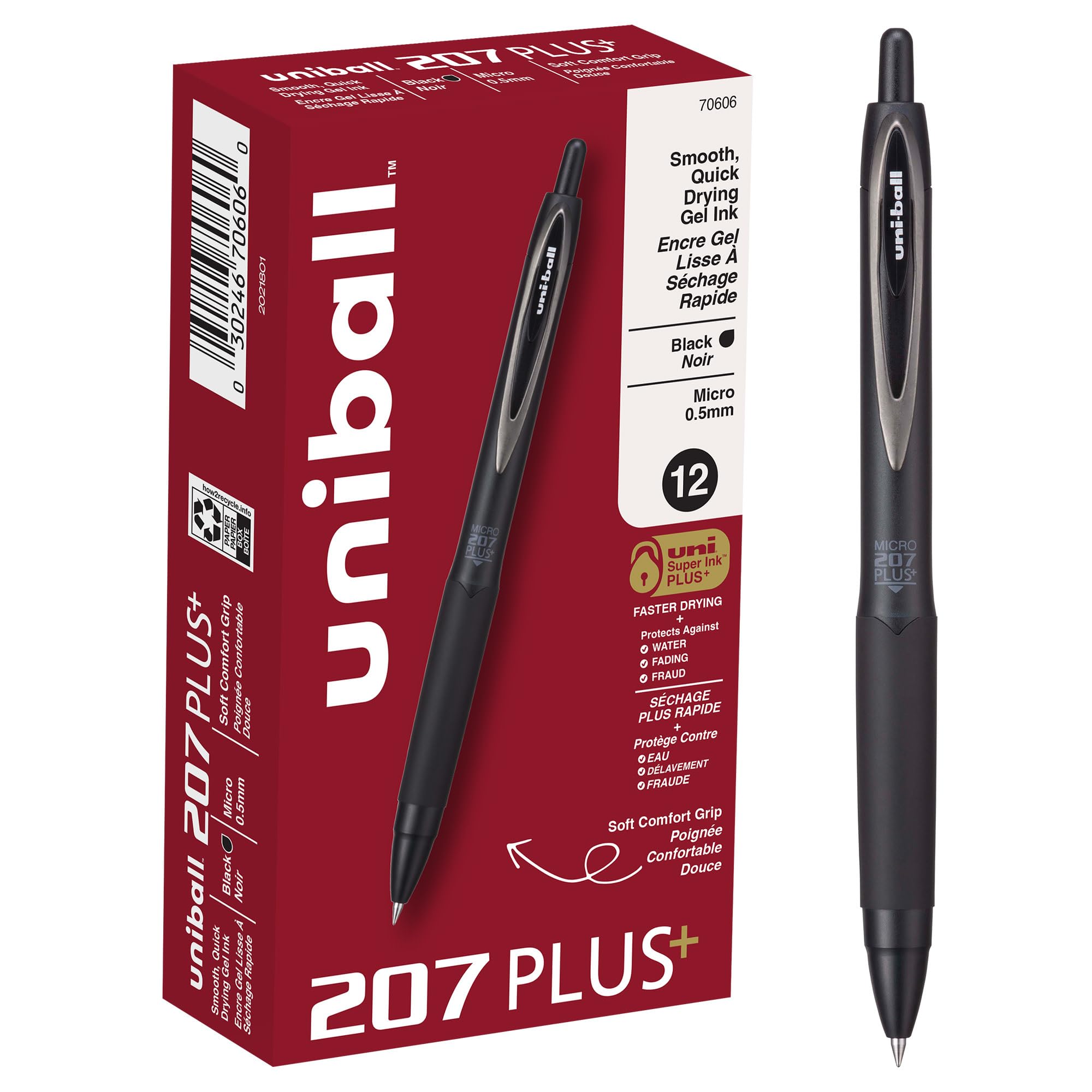 Uniball™ 207 Plus+ Retractable Gel Pens - 0.5mm Micro Point, Black Ink, 12-Pack - Perfect for Office, School & Note Taking