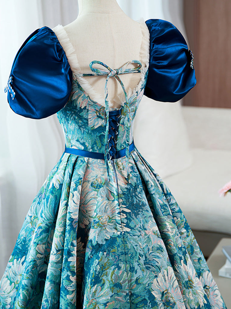 Elegant A-Line Puff Sleeve Satin Blue Long Prom Dress | Formal Evening Gown for Women | Perfect for Homecoming, Ball, and Special Occasions