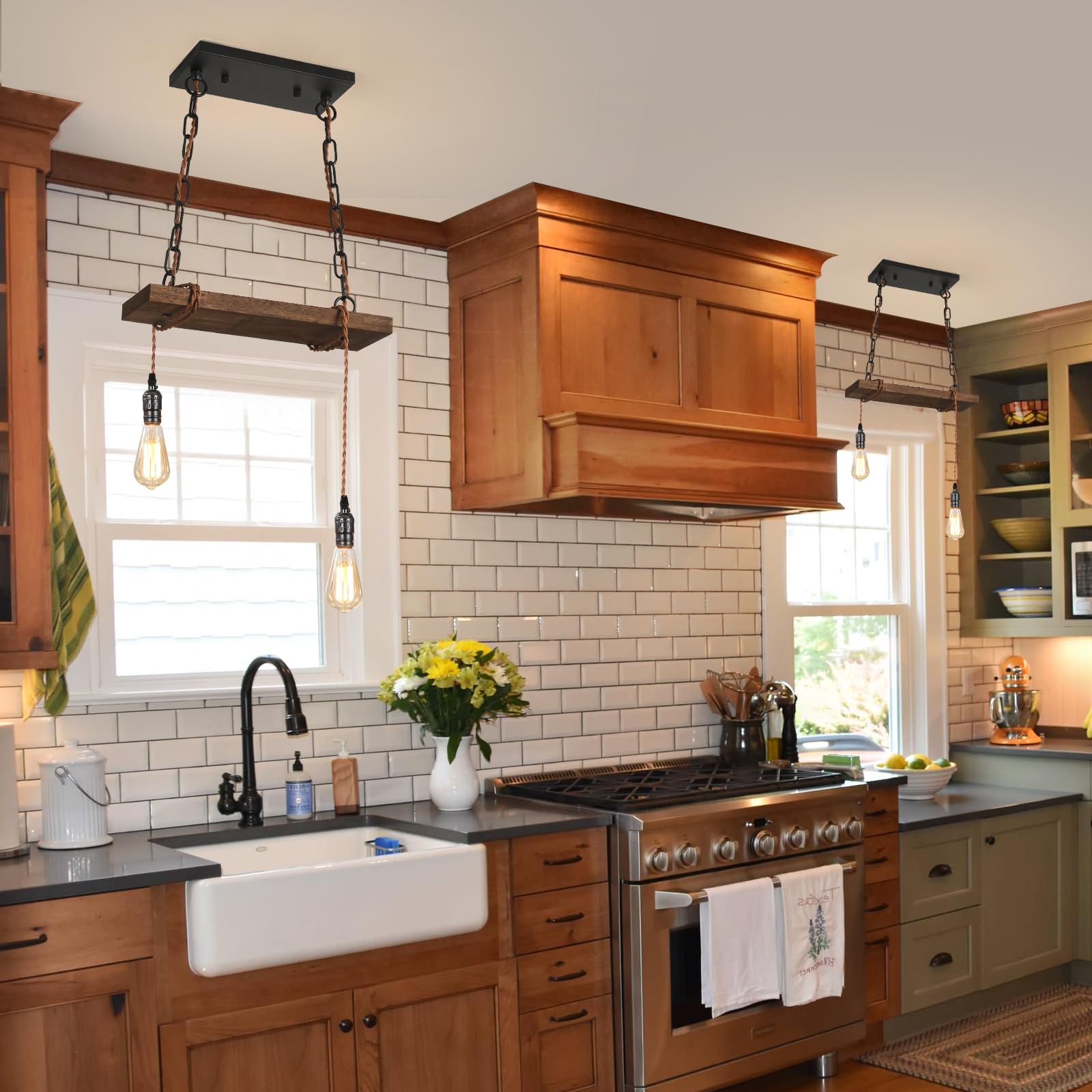 Farmhouse Pendant Lights for Kitchen Island - 2-Light Rustic Wooden Ceiling Hanging Light Fixture with Adjustable Height - Perfect for Dining Room, Bar, Pool Table, Cabin & Farmhouse Decor
