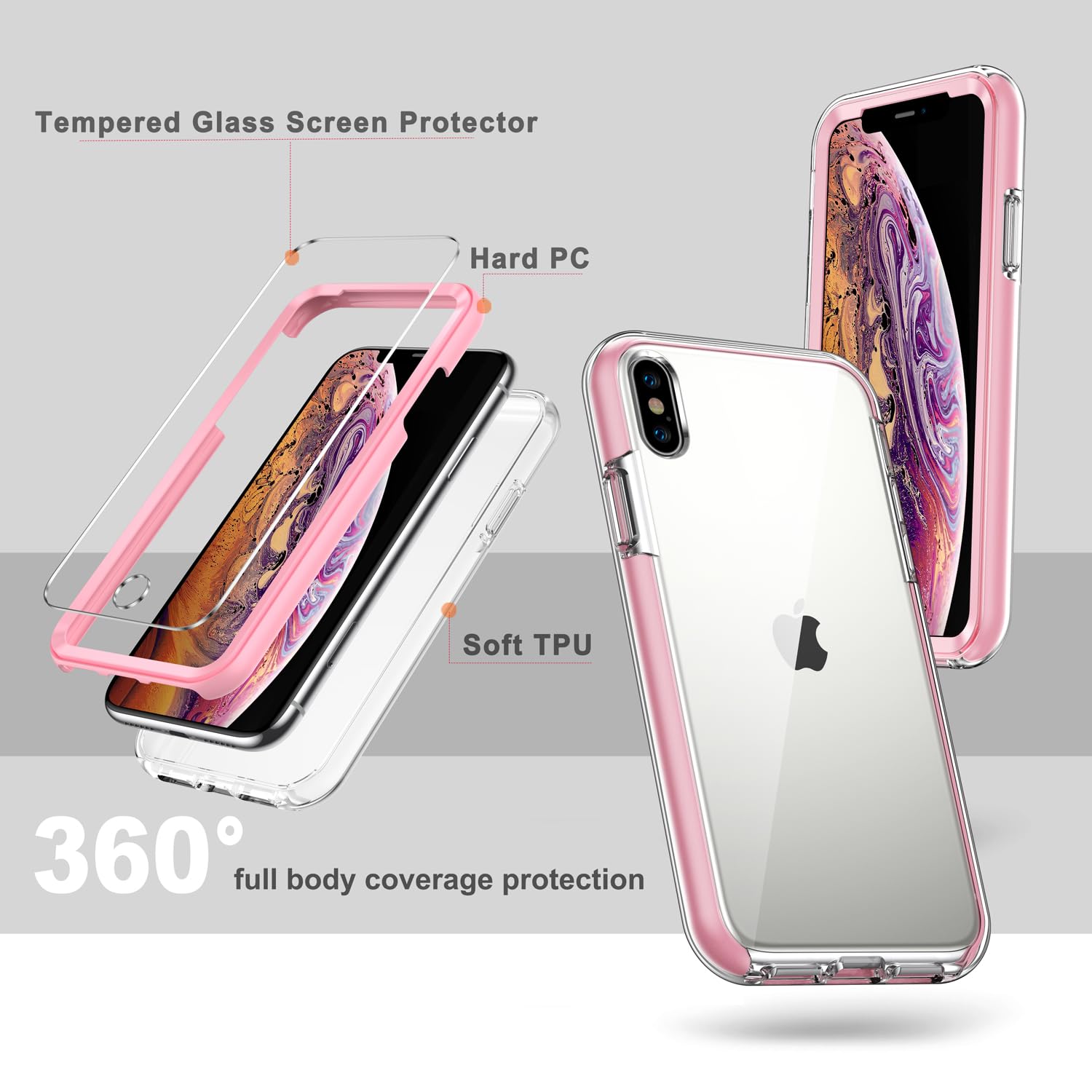 COOLQO iPhone Xs Max Case 6.5 Inch with 2 Tempered Glass Screen Protectors - Clear 360 Full Body Protection Shockproof Silicone Phone Cover (Pink) - Perfect for Everyday Use, Travel & Outdoor Activities