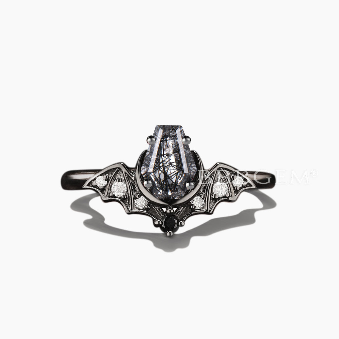 Gothic Bat Wedding Ring - Retro Coffin Cut Natural Black Rutilated Quartz Jewelry for Goth Couples, Dark Romance & Alternative Engagement Rings