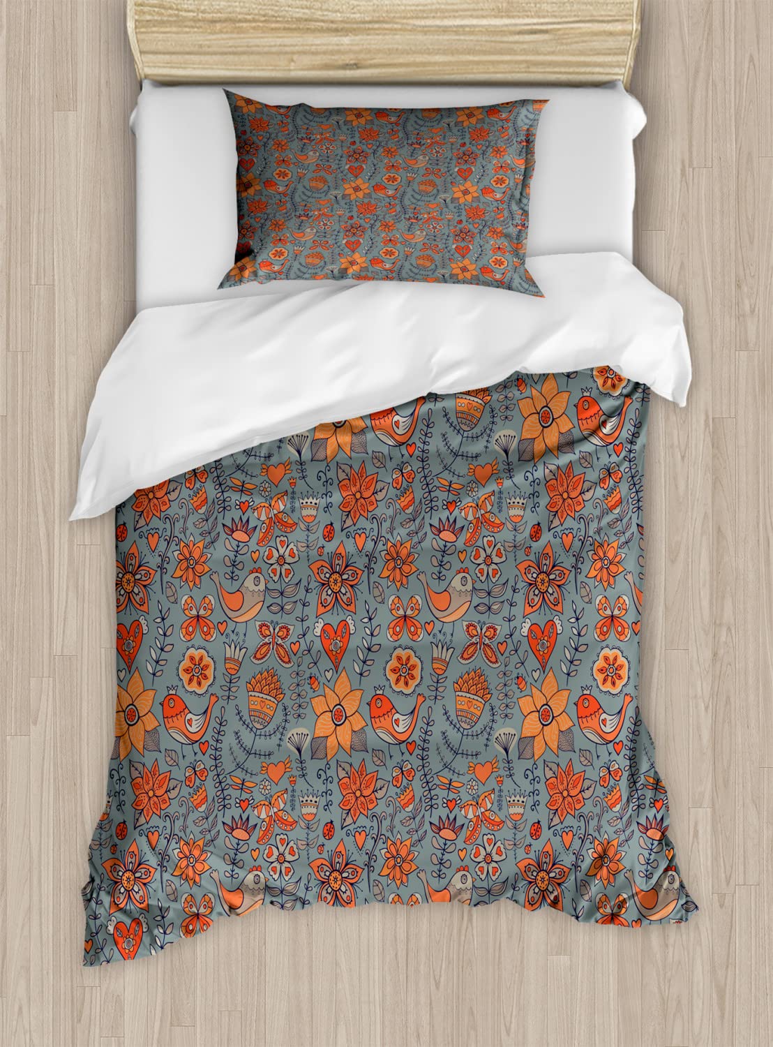 Ambesonne Nature Duvet Cover Set - Twin Size 2-Pack with 2 Duvet Covers & 2 Pillowcases, Summer Garden Theme Featuring Doodle Art of Birds, Blossoming Branches, Leafy Stems and Hearts - Perfect for Kids' Rooms, Guest Bedrooms, and Seasonal Home Decor Refresh
