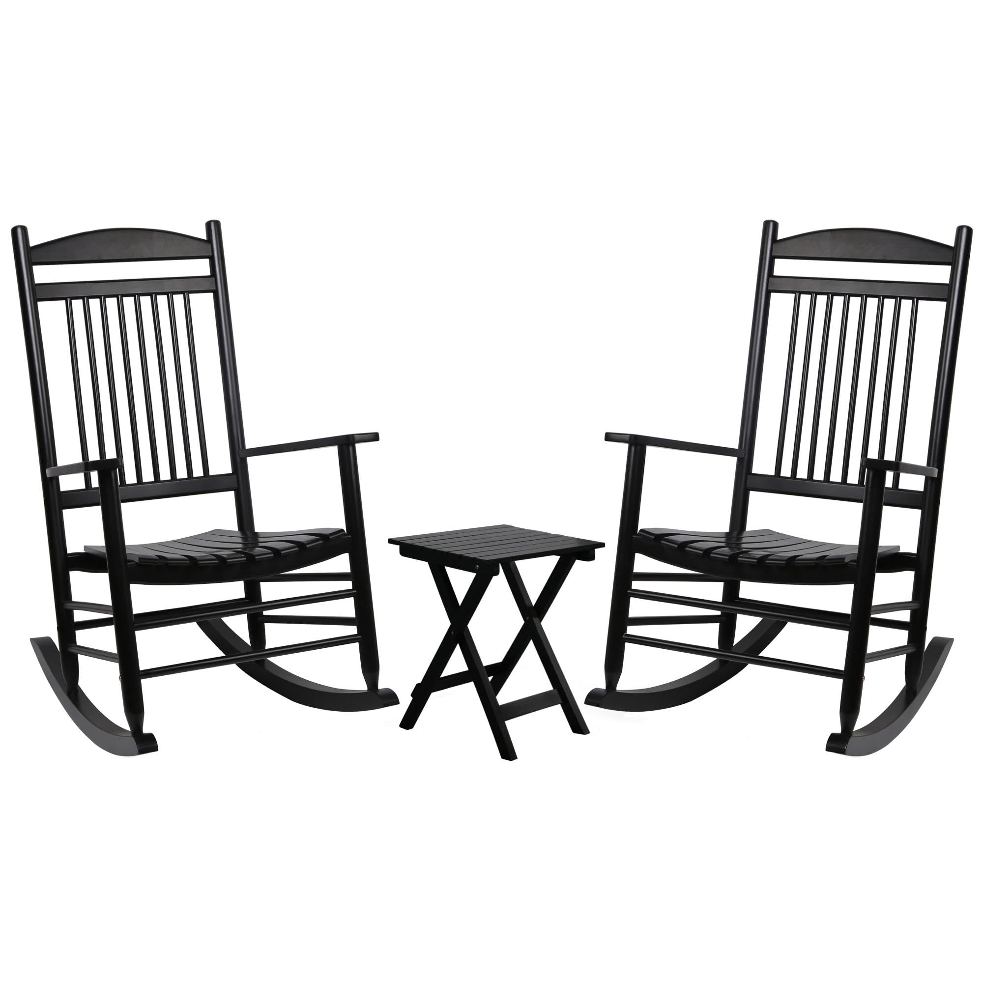 MUPATER 3-Piece Outdoor Rocking Chair Set with Bistro Table - Patio Wooden Rocker & 2 Chairs, Foldable Table & Curved Seat, Black - Perfect for Garden, Porch, Backyard & Balcony Relaxation
