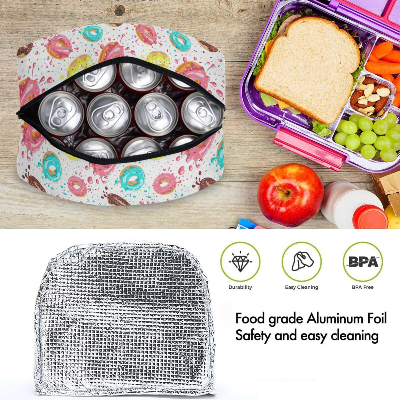Colorful Splashed Donuts Insulated Lunch Tote Bag with Front Zipper Pocket - Reusable Cooler Container for Work, Picnic, Beach & Fishing - Perfect for Men & Women