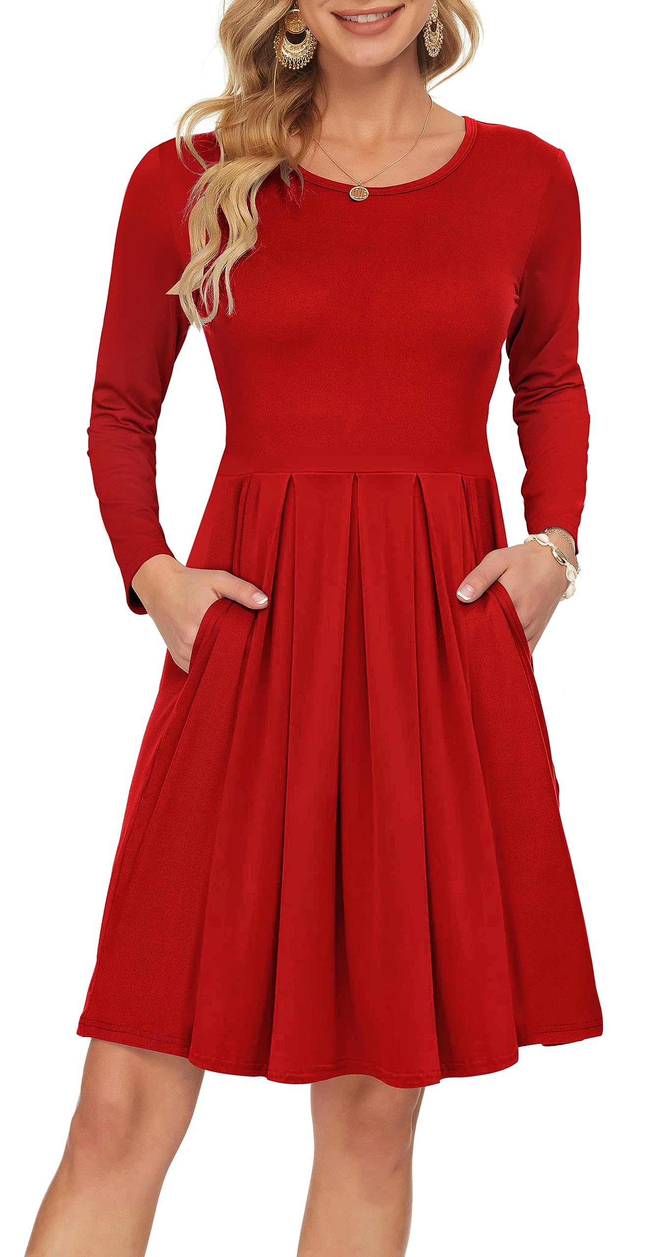 AUSELILY Women's Long Sleeve Pleated Swing Dress - Loose Casual Knee Length Dress with Pockets | 2025 New Collection | Perfect for Work, Date Night & Fall Outfits