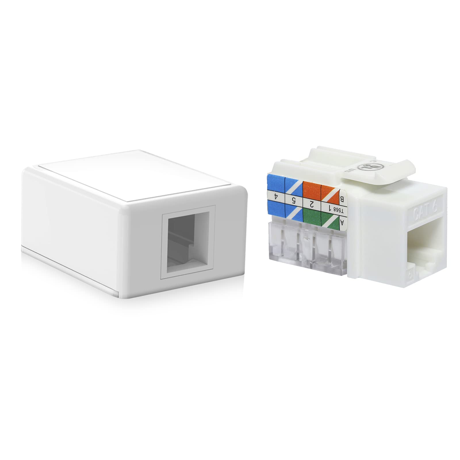 25-Pack VCE Cat6 RJ45 Keystone Jack 90 Degree Insert White + 5-Pack 1 Port Blank Keystone Jack Surface Mount Box - High Speed Ethernet Network Installation for Home & Office Wiring