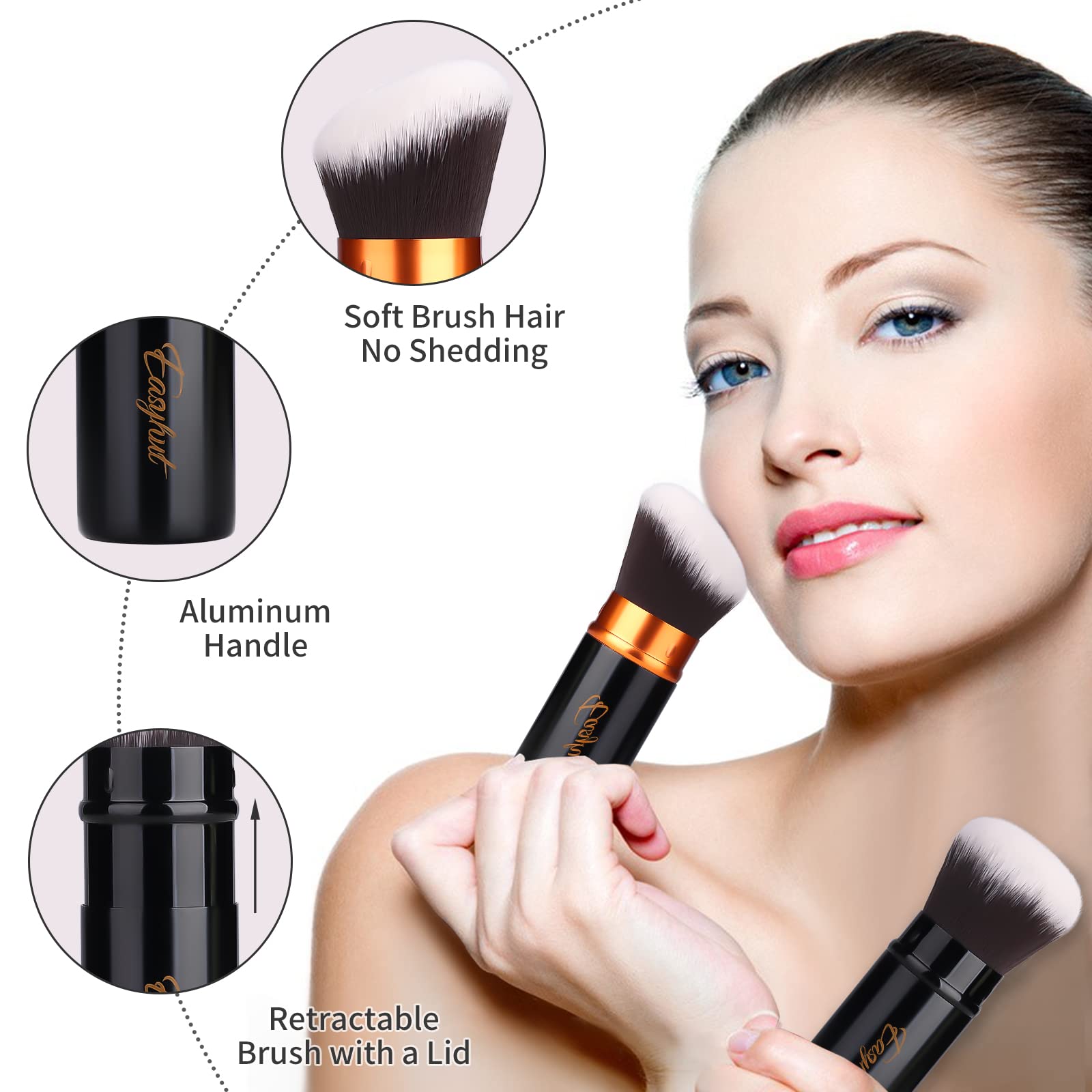 Retractable Kabuki Makeup Brush Set - 2 Pack Flat & Angled Foundation & Blush Brushes for Liquid, Cream & Powder Cosmetics | Travel-Friendly | Orange & Black | Perfect for On-The-Go Touch Ups & Professional Makeup Application