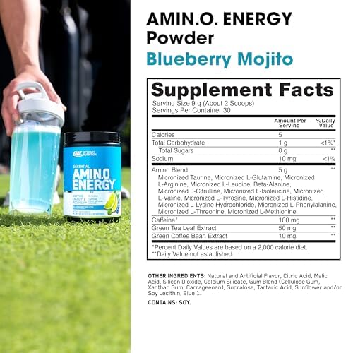 Optimum Nutrition Amino Energy Pre Workout Powder - Green Tea, BCAA, Amino Acids, Keto Friendly with Green Coffee Extract - Blueberry Mojito Flavor (30 Servings) | Boost Energy & Endurance for Gym, Running & Fitness Training
