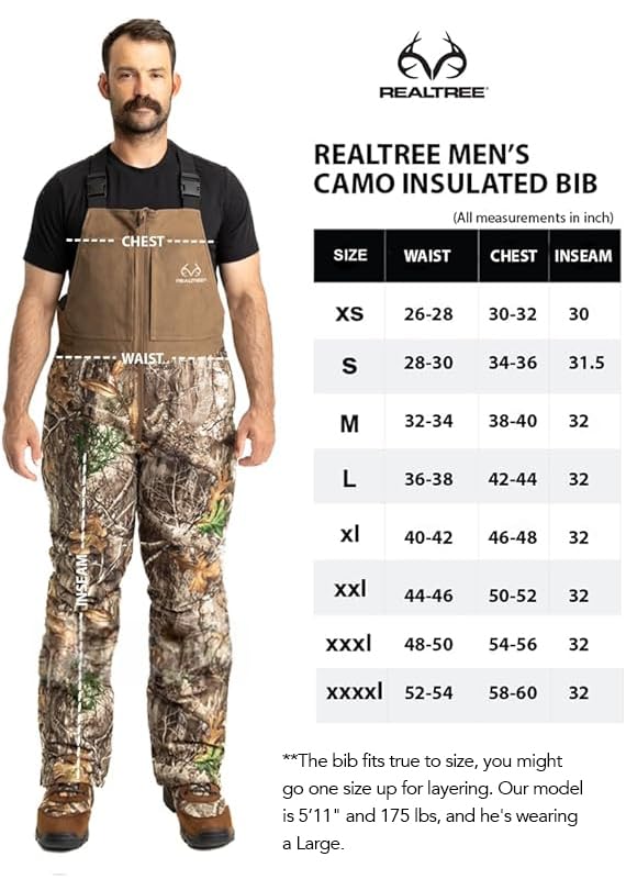 Realtree Men's Edge Timber Camo Hunting Bibs - Insulated Windproof Breathable Midweight Coveralls for Cold Weather Hunting & Outdoor Activities