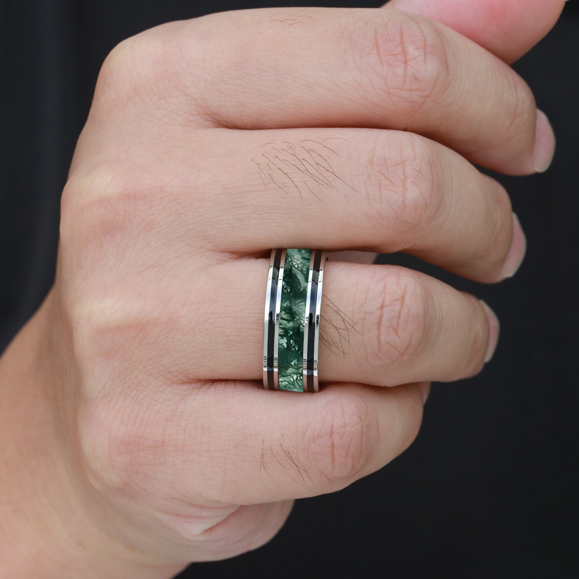 9mm Moss Agate Wedding Band for Men - Natural Stone Couple Rings - Perfect for Anniversary, Engagement & Everyday Wear