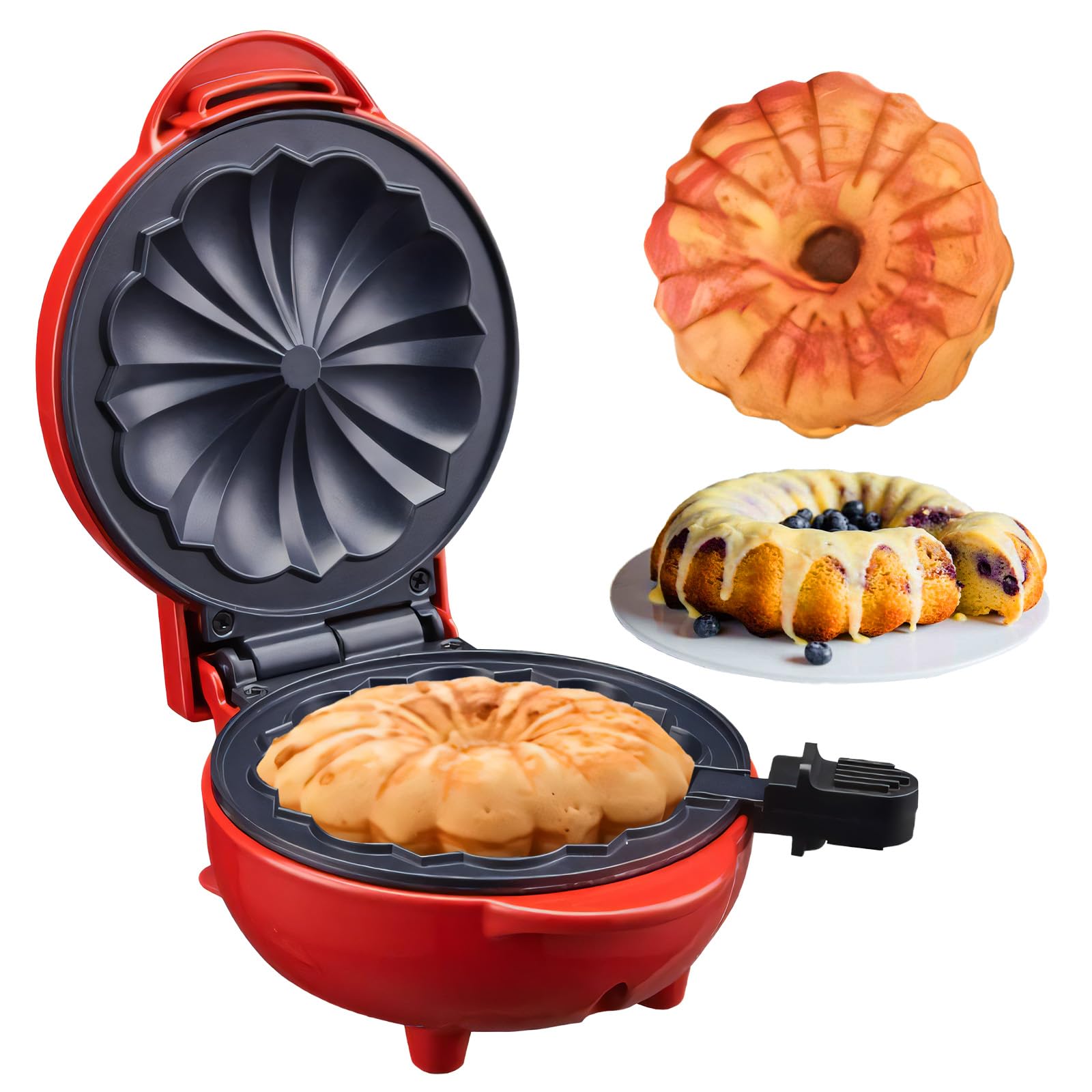 Mini Cake Maker - Portable Electric Bundt Cupcake Maker with Double-Sided Heating for Breakfast, Desserts & Snacks - Perfect for Home, Office & Travel (Red)