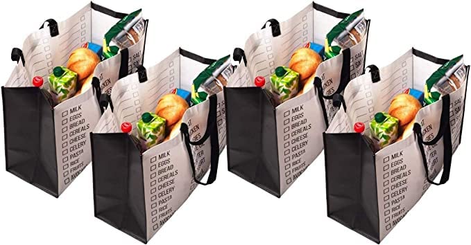 4 Pack Heavy Duty Reusable Grocery Bags - Extra Large Washable Tote with Double Handles & Shopping List - Perfect for Shopping, Farmers Market & Eco-Friendly Grocery Hauling