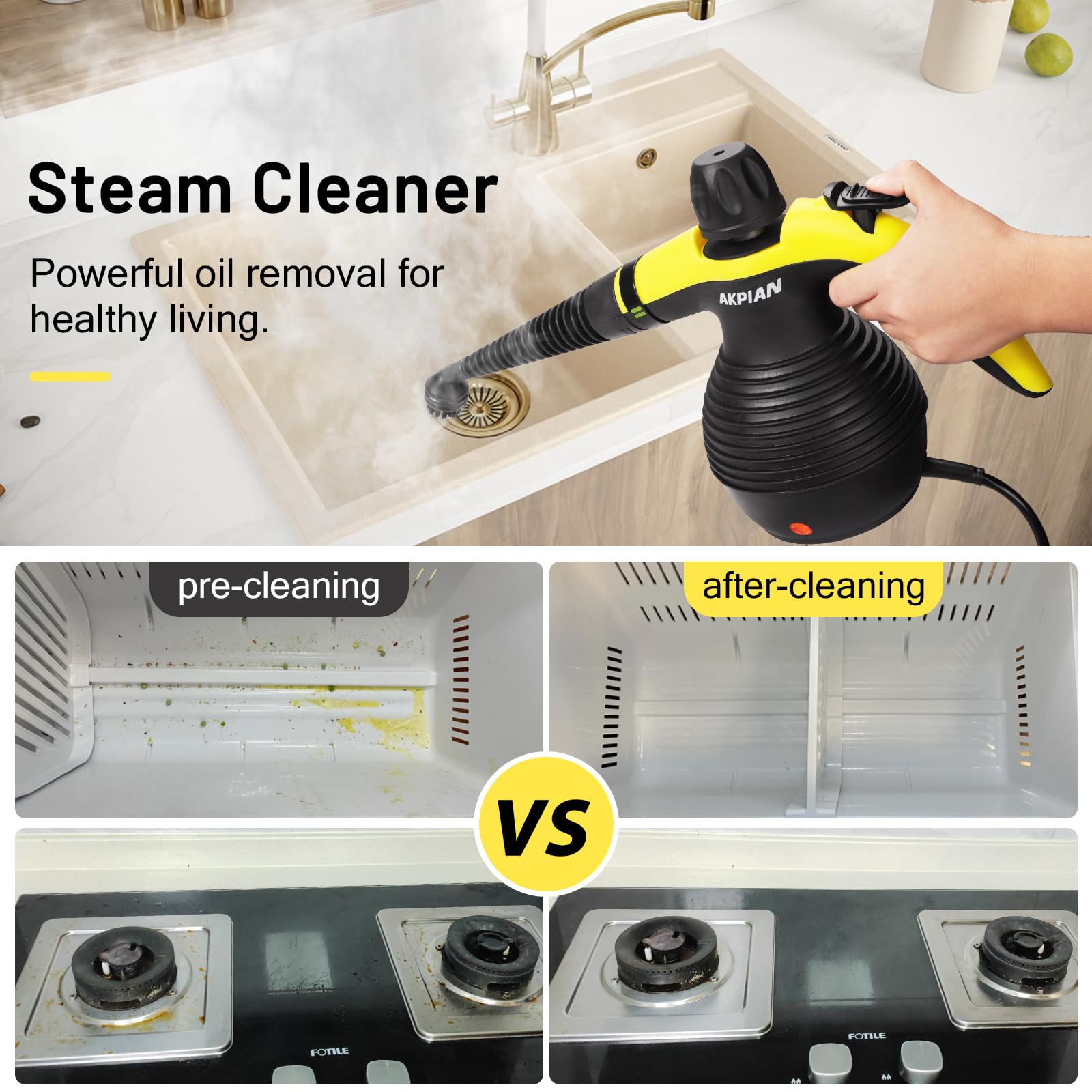 Portable Handheld Steam Cleaner for Home Use - Multipurpose Steamer with Safety Lock & 10 Accessory Kit - Removes Grime, Grease, Stains - Perfect for Kitchen, Bathroom, Car Detailing & Upholstery Cleaning