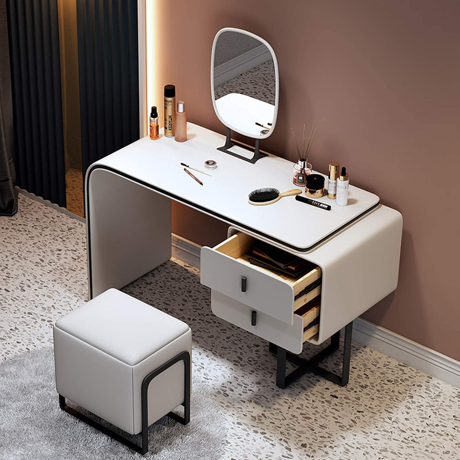 FUKAYI Vanity Set with Mirror & PU Chair - Elegant Makeup Dressing Table with 2 Drawers & Movable Desktop for Women & Girls, Beige & Black | Perfect for Bedroom, Bathroom & Dressing Room Organization