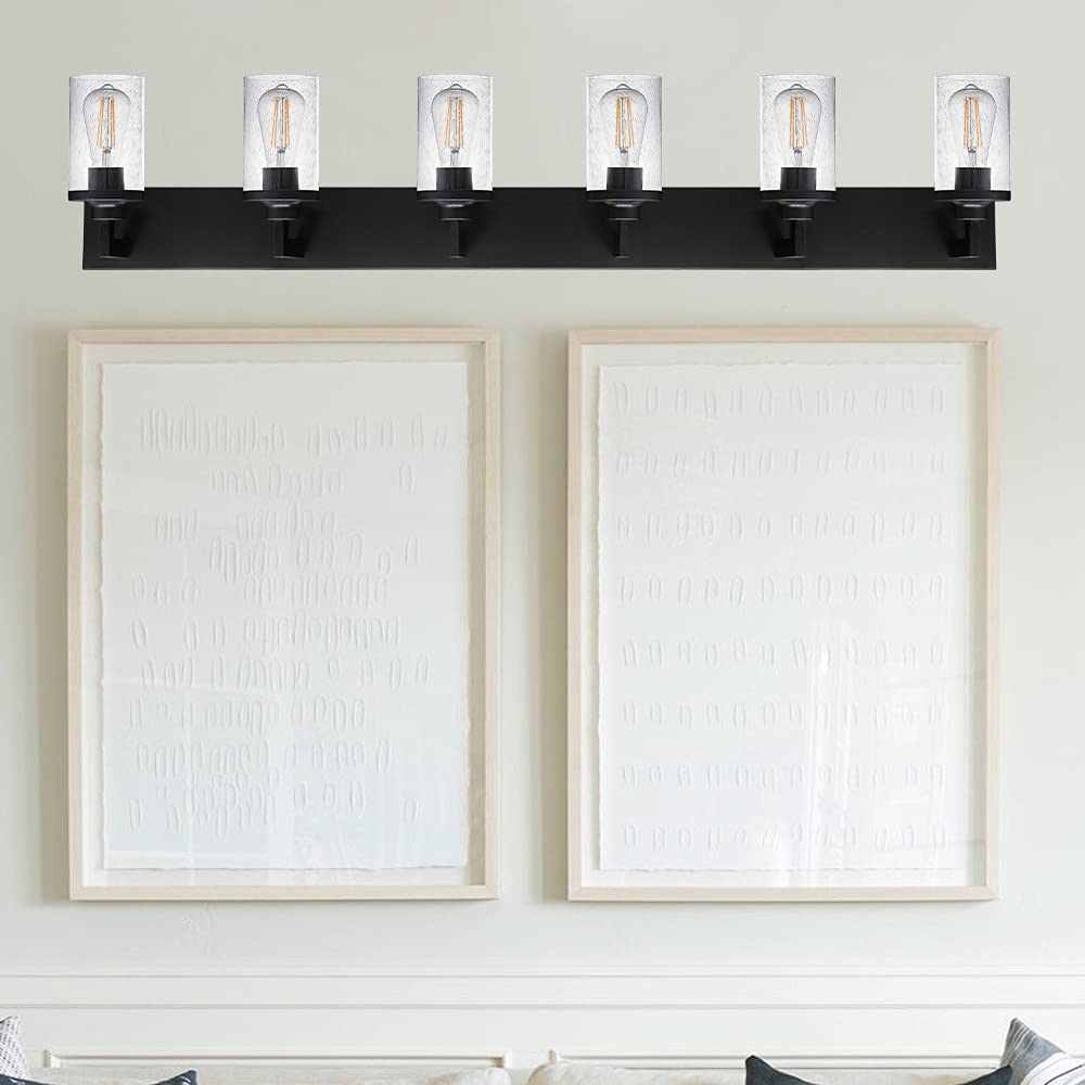 VINLUZ 6-Light Black Industrial Vanity Light Fixture with Seedy Glass Shade - Wall Mount Bathroom Lighting for Mirror Illumination | Perfect for Modern Home Decor, Spa-Like Ambience & Makeup Application