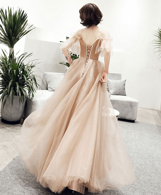 Elegant Champagne Tulle Lace Long Prom Dress | Formal Evening Gown for Homecoming, Wedding, and Special Occasions