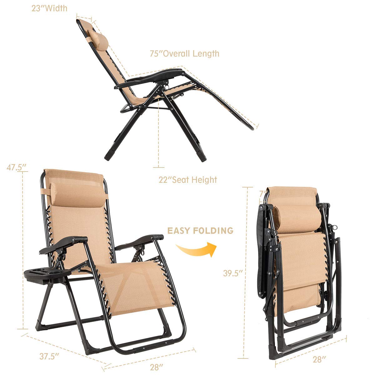 SAFSTAR Zero Gravity Chair - Heavy Duty 500lbs Capacity Oversized Outdoor Lounge Chair with Cup Holder & Detachable Pillow, Foldable Patio Recliner for Backyard, Poolside, Beach, Camping - Comfortable Relaxation for Adults (Beige)