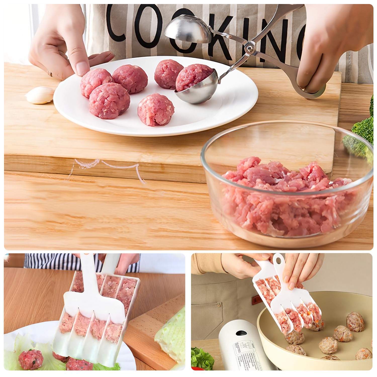 2-Pack Non-Stick 4-in-1 Meatball Maker Set with Cutting Spade, Tong & Scoop - Creative Kitchen Tool for Perfect Meatballs, Cookies, Ice Cream & Cake Decorating - Ideal for Home Cooking, Baking & Party Food Prep