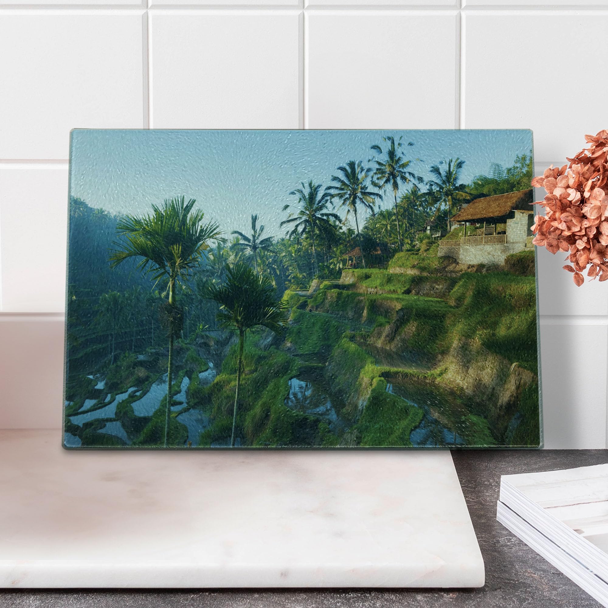 Ambesonne Balinese Cutting Board - Tempered Glass Decorative Serving Tray with Terrace Rice Fields & Palm Trees Design, Small Size Green - Perfect for Kitchen Use, Charcuterie Boards, and Bali-Inspired Home Decor