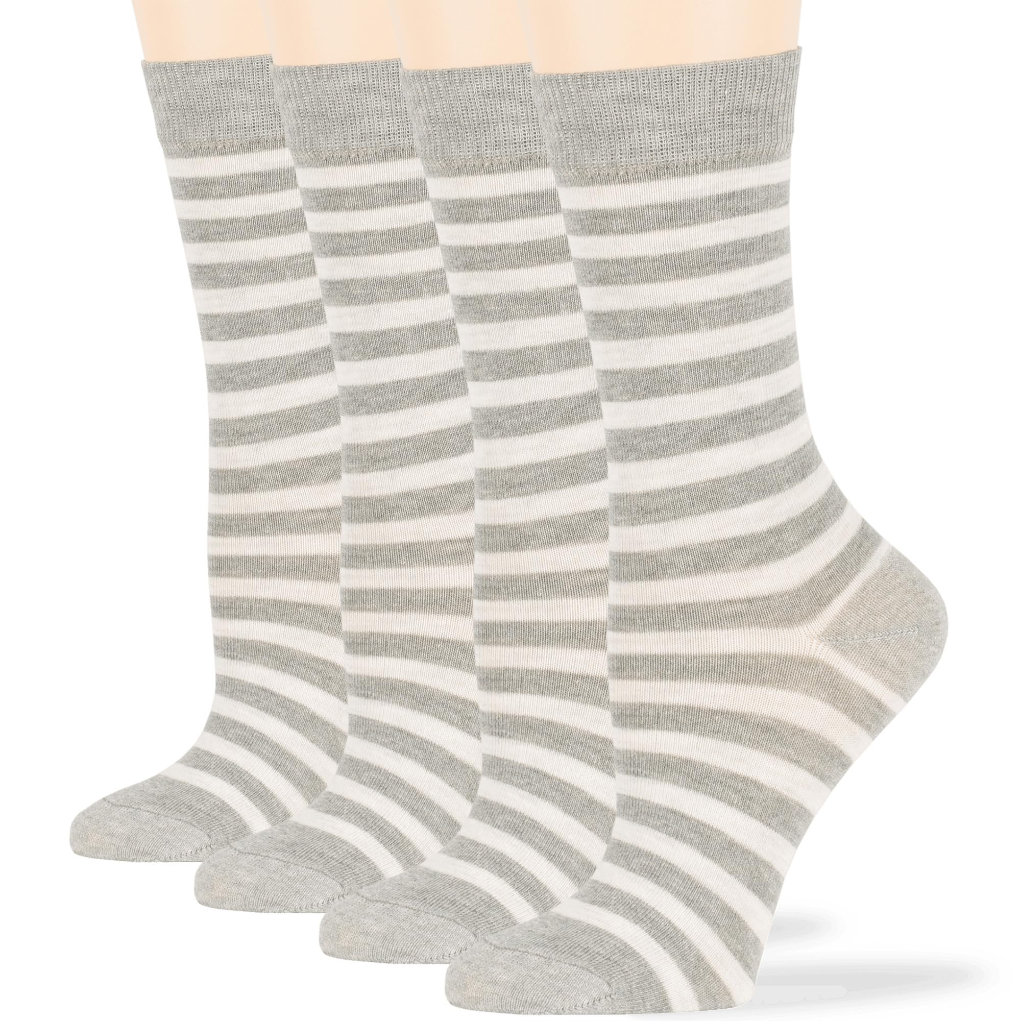 7BigStars Women's Cotton Crew Socks 4-Pack - Striped Assorted Colors (Black, Brown, Blue, Grey, Beige, Khaki, Olive Green) - Soft Breathable Everyday Socks for Work, Casual Wear & Outfits