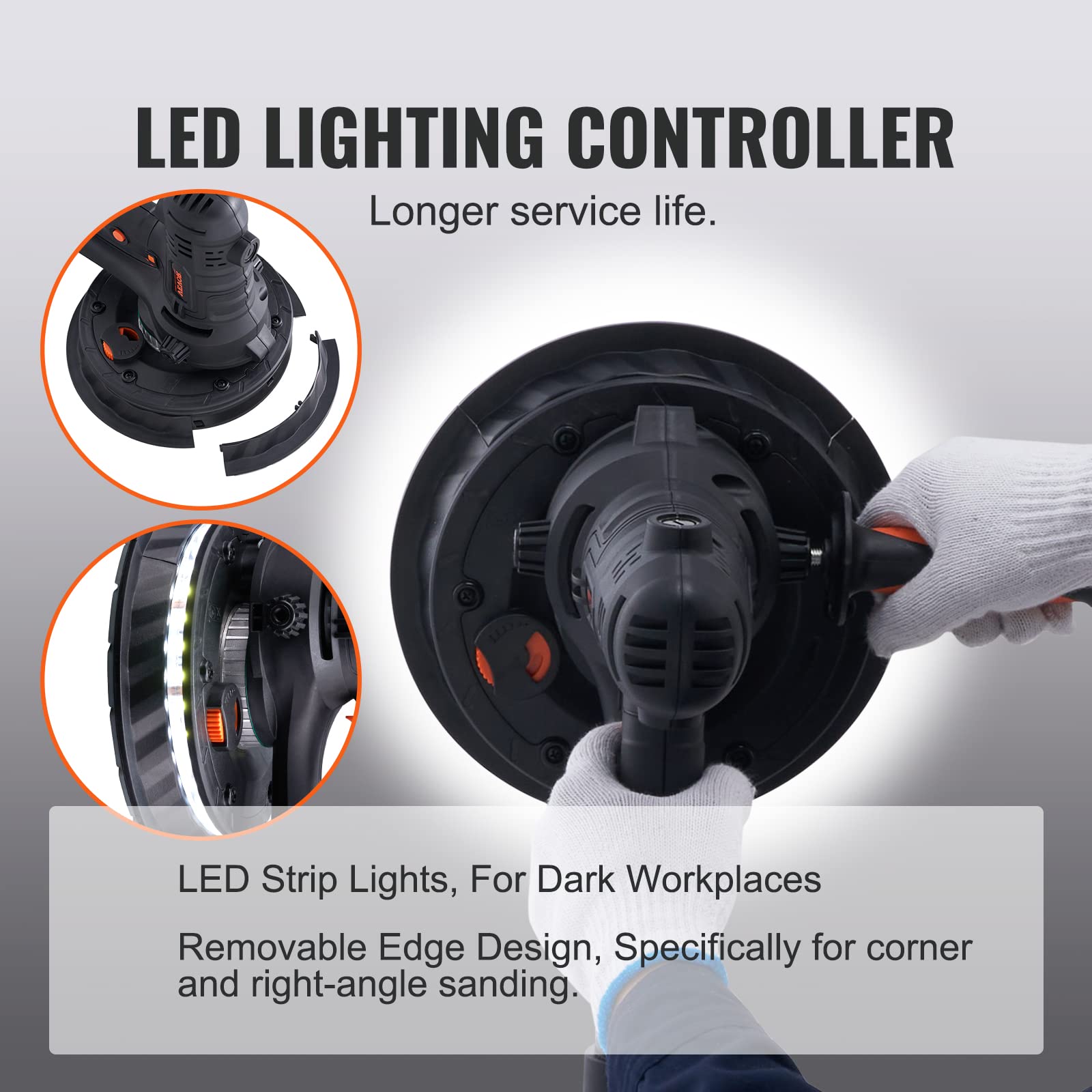 VEVOR 800W Electric Drywall Sander with 12 Sanding Discs, Variable Speed 1200-2300 RPM, Auto Vacuum Dust Collection System & LED Lights - Perfect for Wall Repair, Home Renovation, and Professional Construction Projects