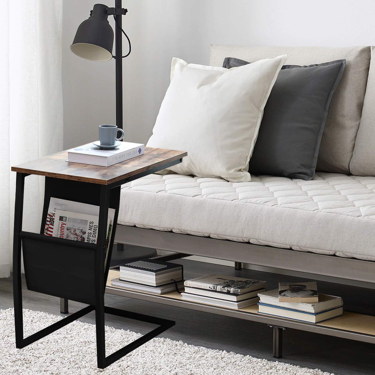 Industrial Side Table with Metal Frame - Mobile Snack Table for Coffee, Laptop & Tablet - Wood Look Accent Furniture Slides Next to Sofa or Couch - Perfect for Living Room, Office & Small Spaces